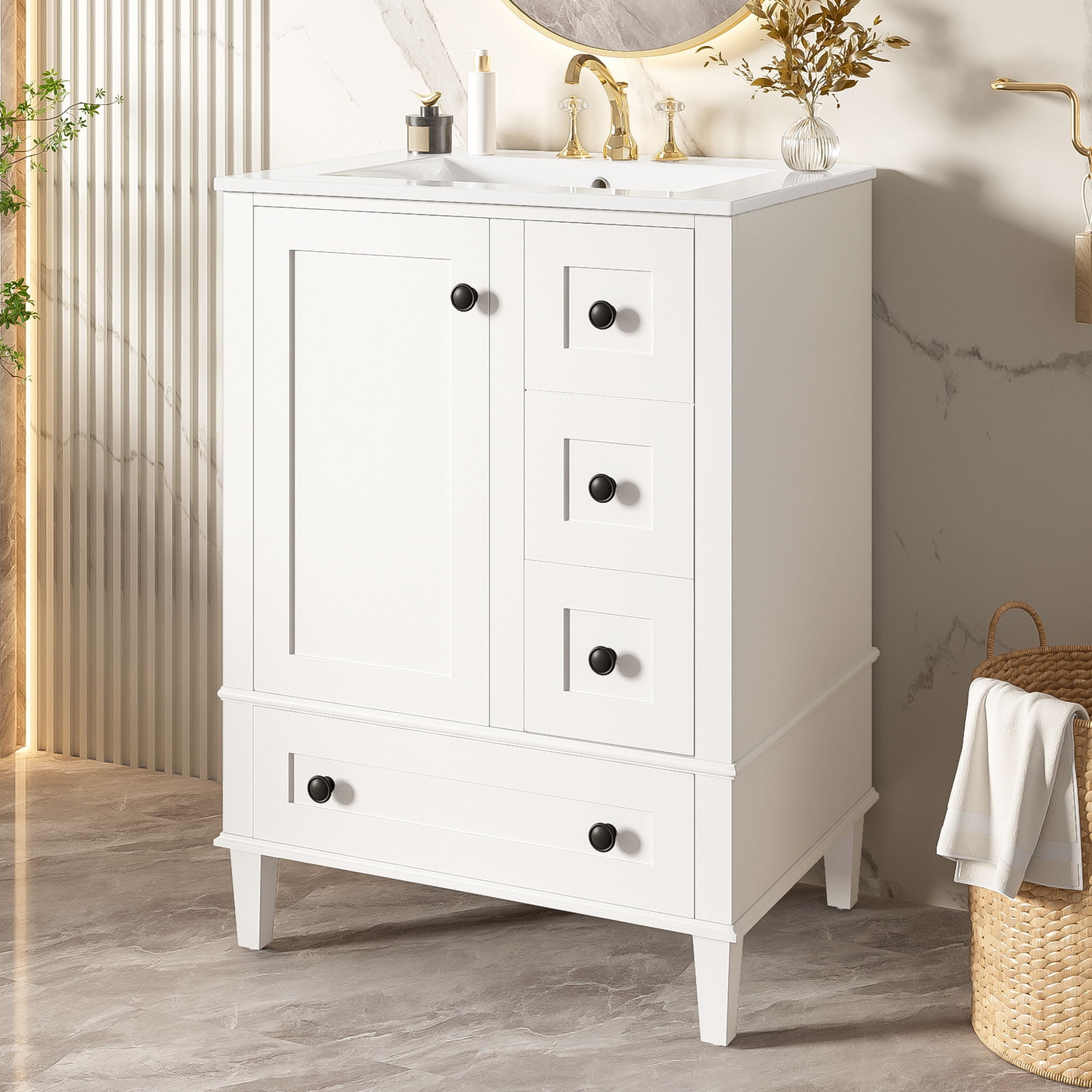 Bathroom Vanity With Integrated Basin, Soft Close Drawers, Door Mounted Double Layer Shelf