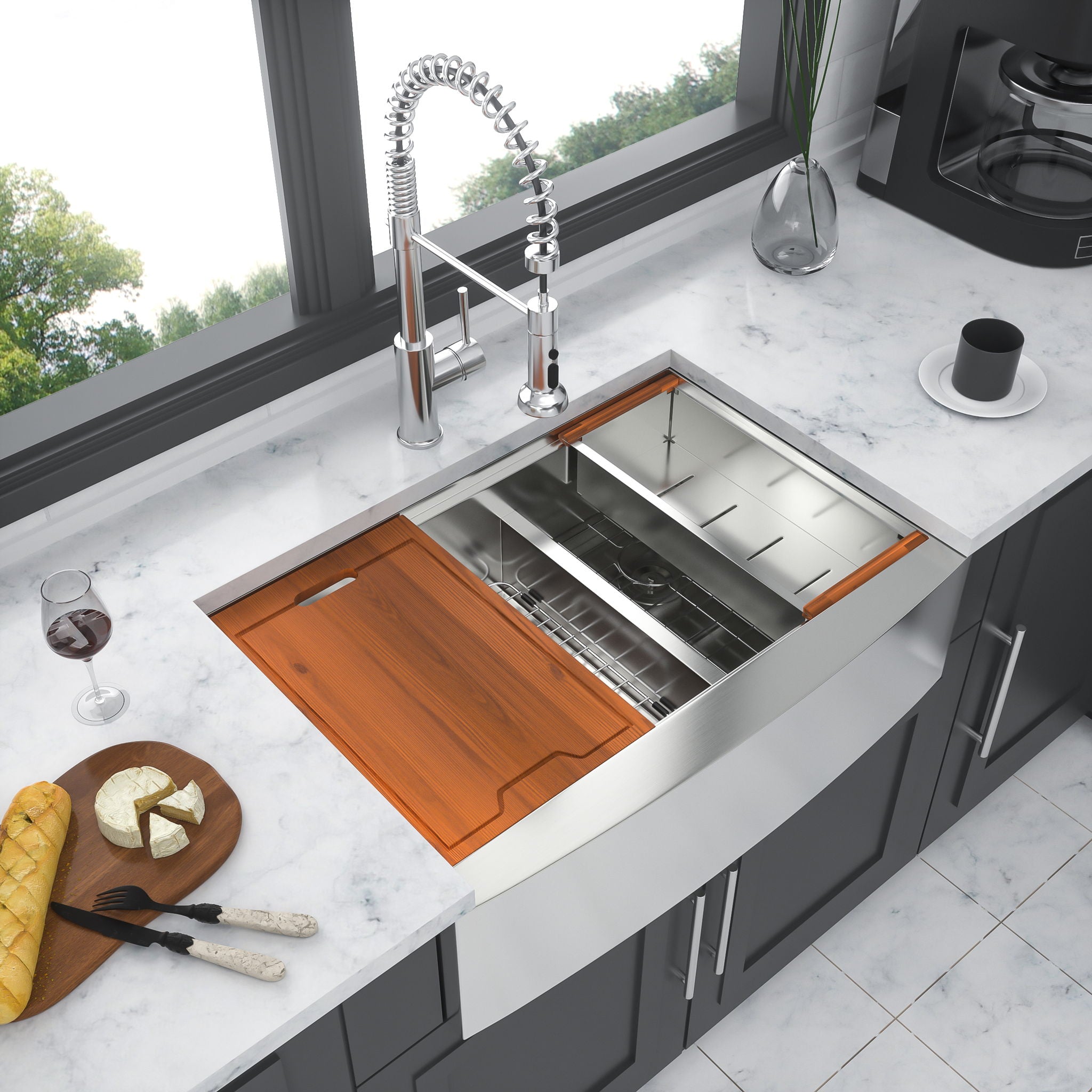 Double Bowl Farmhouse Sink Workstation 33" Stainless Steel 16 Gauge Apron Front - Black / Gray