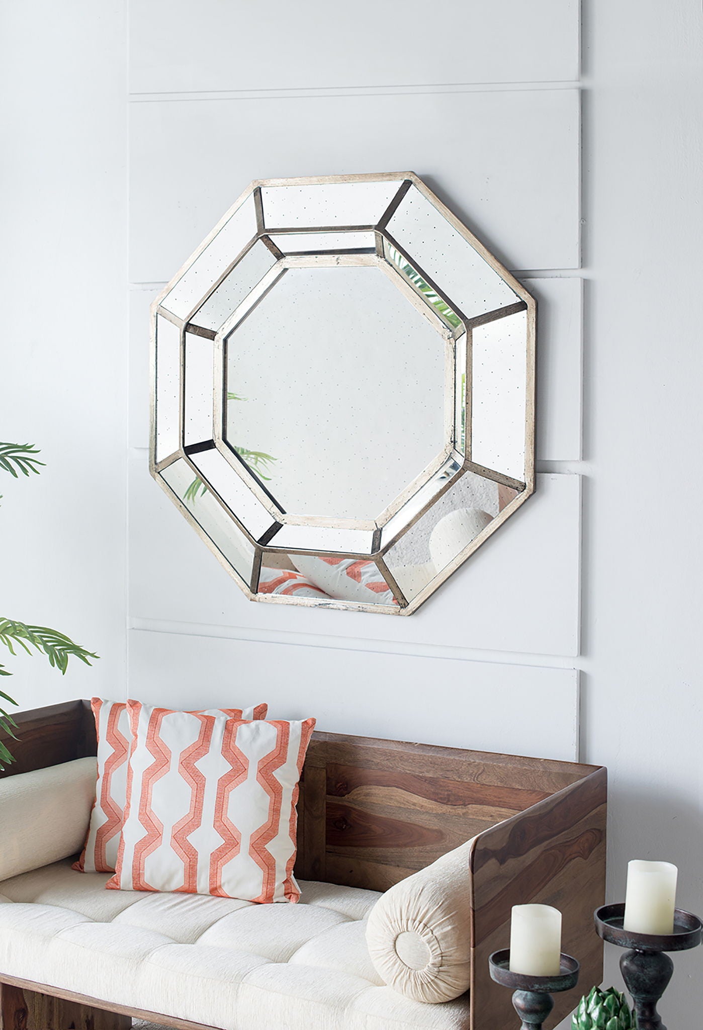 Oversized Octagon Mirror, Mid Century Modern Accent Mirror, For Living Room, Entryway, Bedroom, Hallway - Silver