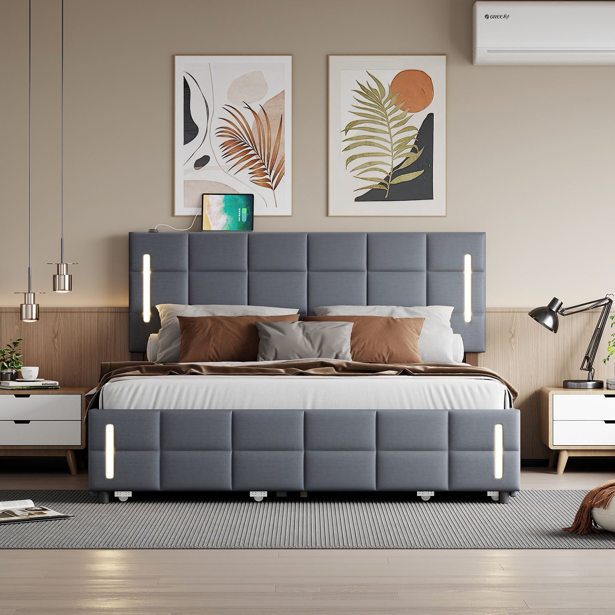 Upholstered Platform Bed With Trundle & Drawers