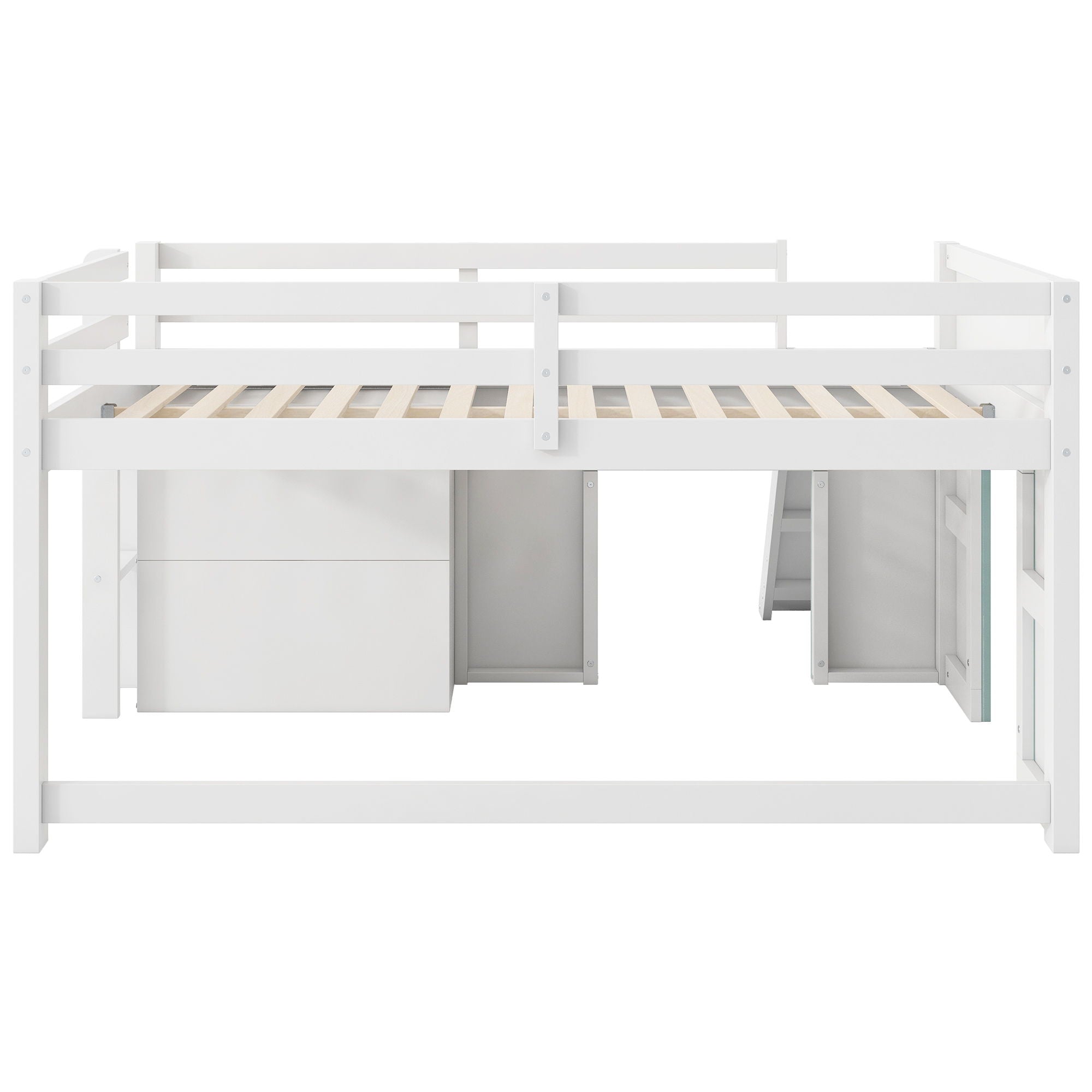 Modern Low Loft Bed With Slide, 3 Storage Drawers, And 2 Doors