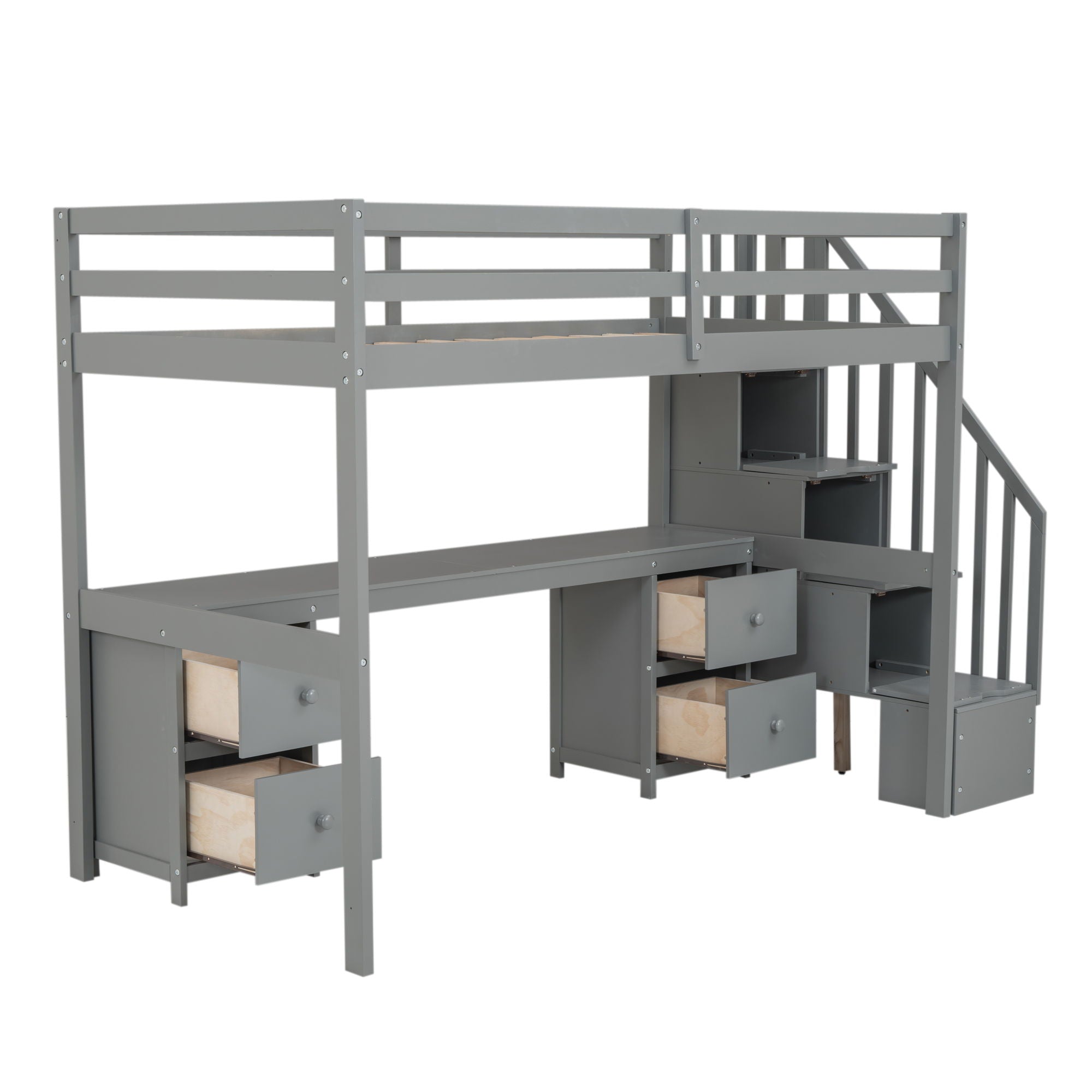 Loft Bed Frame With Built In Desk And Double Storage Drawers