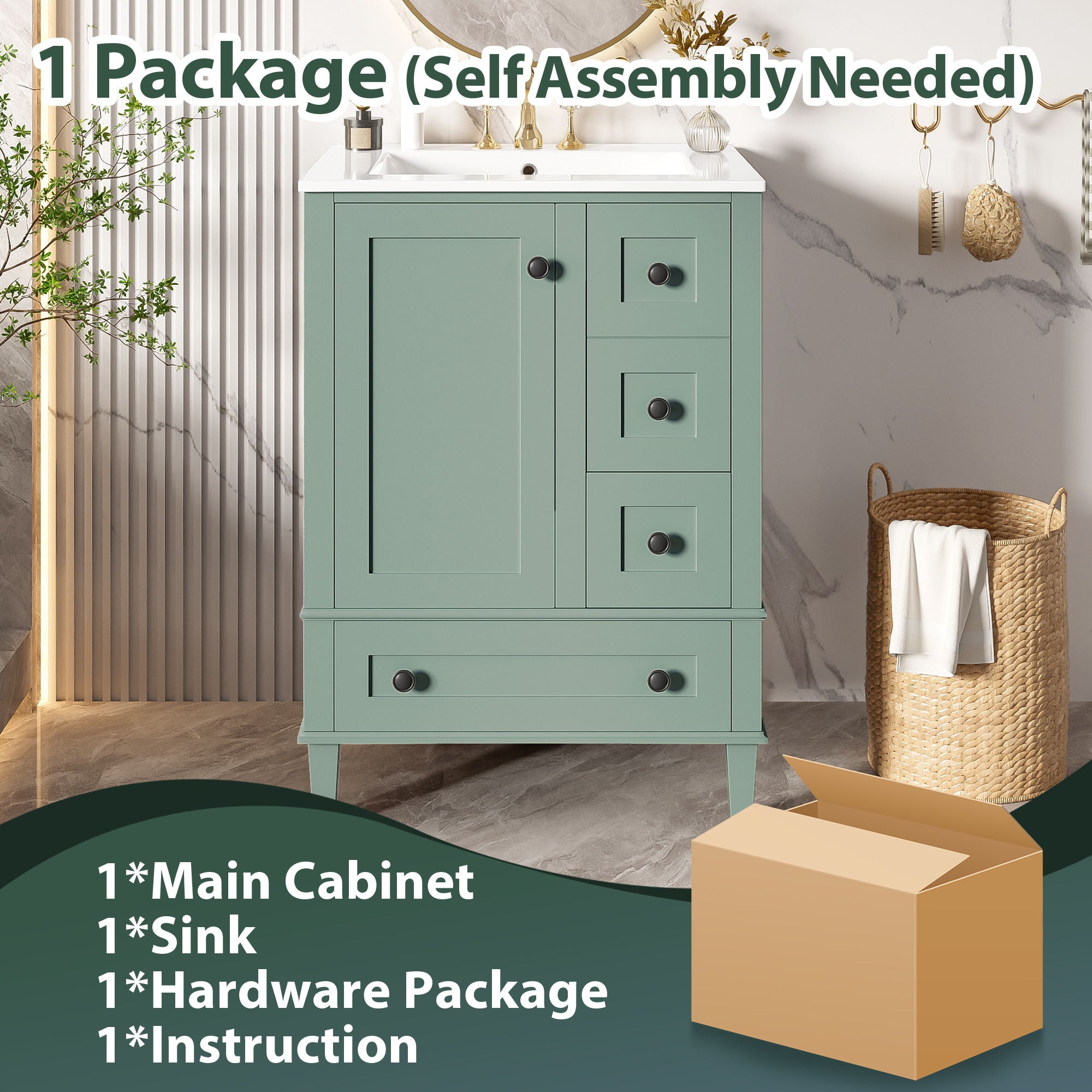 Bathroom Vanity With Integrated Basin, Soft Close Drawers, Door Mounted Double Layer Shelf