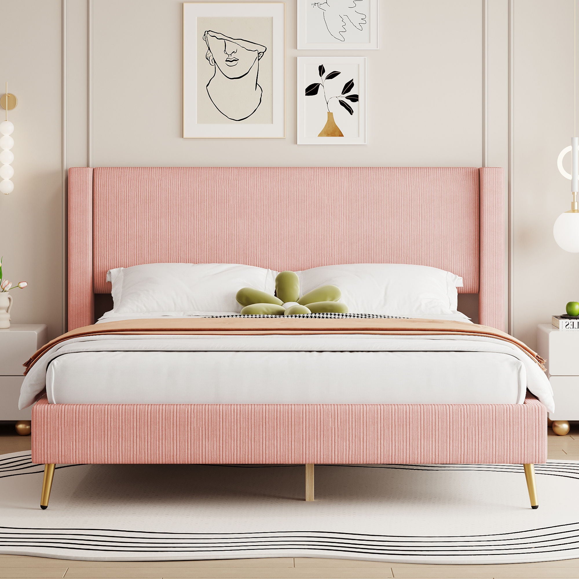 Platform Contemporary Bed With Legs And Upholstered Headboard