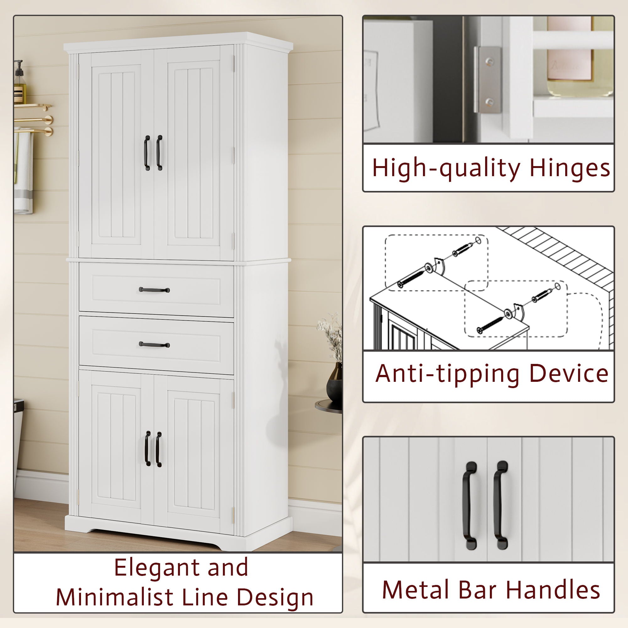 Multi Functional Storage Cabinet With Adjustable Shelves, 2 Drawers, Door Shelves