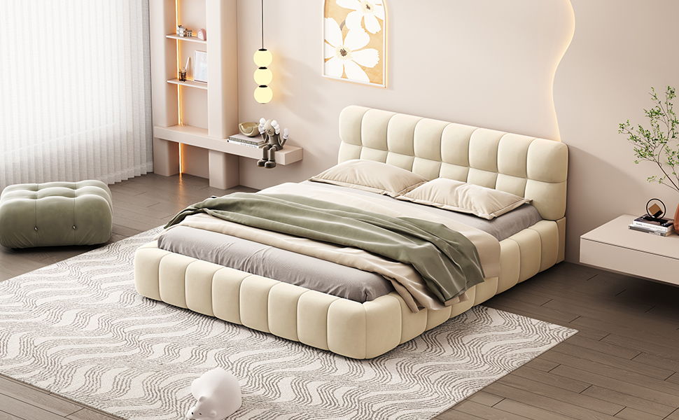 Upholstered Platform Bed With Thick, Grounded Bed With Solid Frame