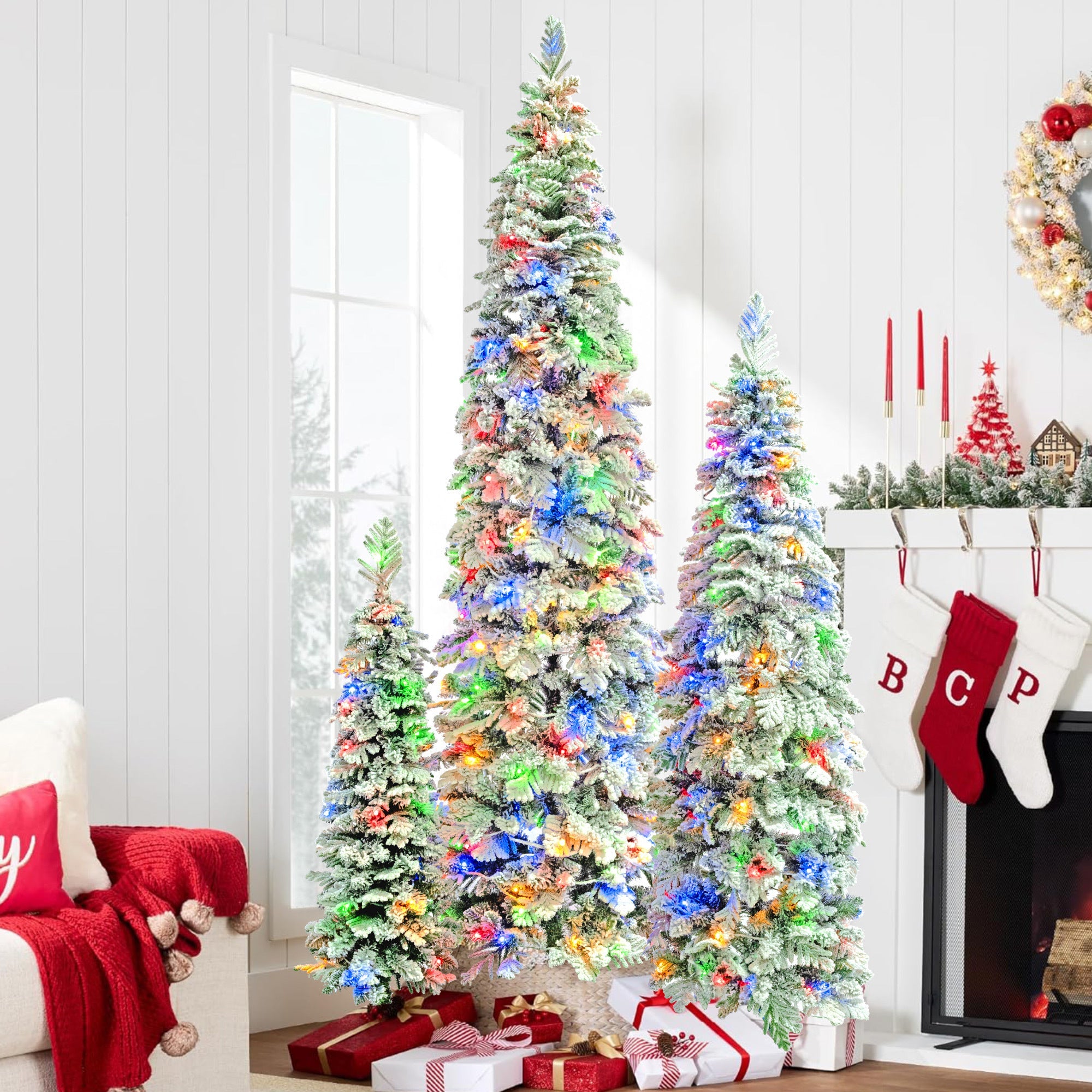 8FT,-6FT,-4FT-Pre-Lit-Pencil-Christmas-Trees,-Set-of-3-Flocked-Fir-Slim-Christmas-Trees-Christmas-Tree