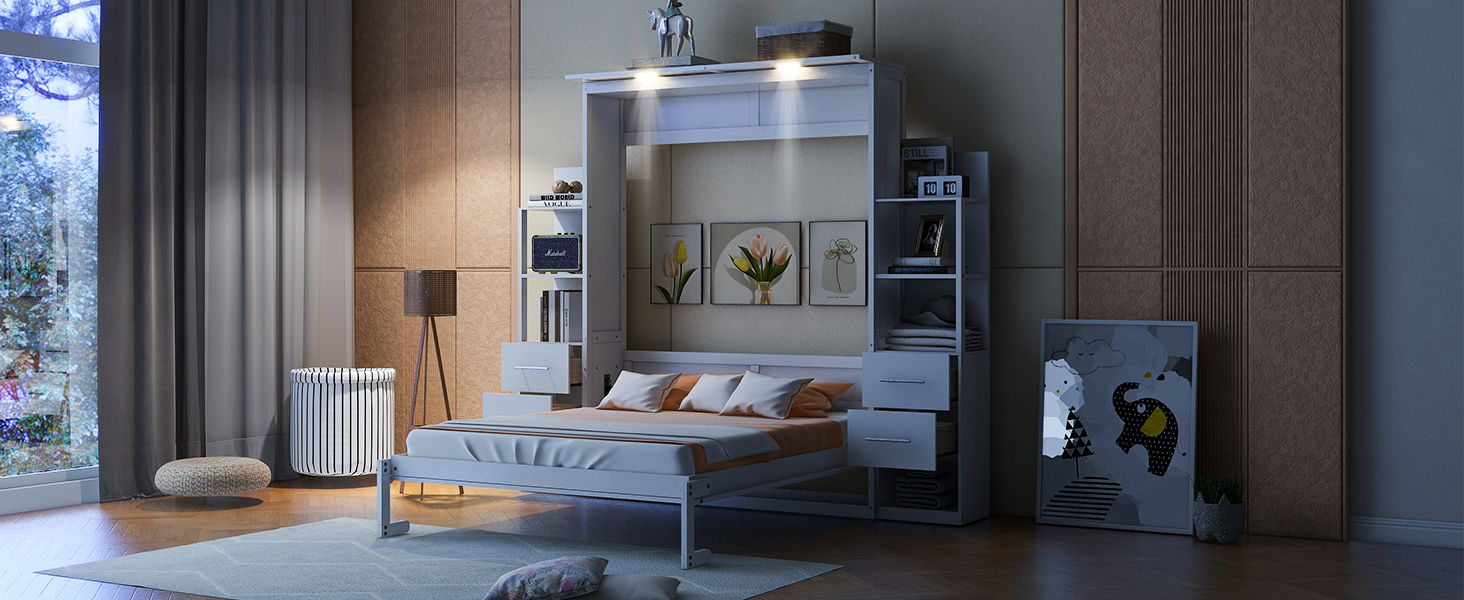 Murphy Wall Bed With Shelves, Drawers And LED Lights