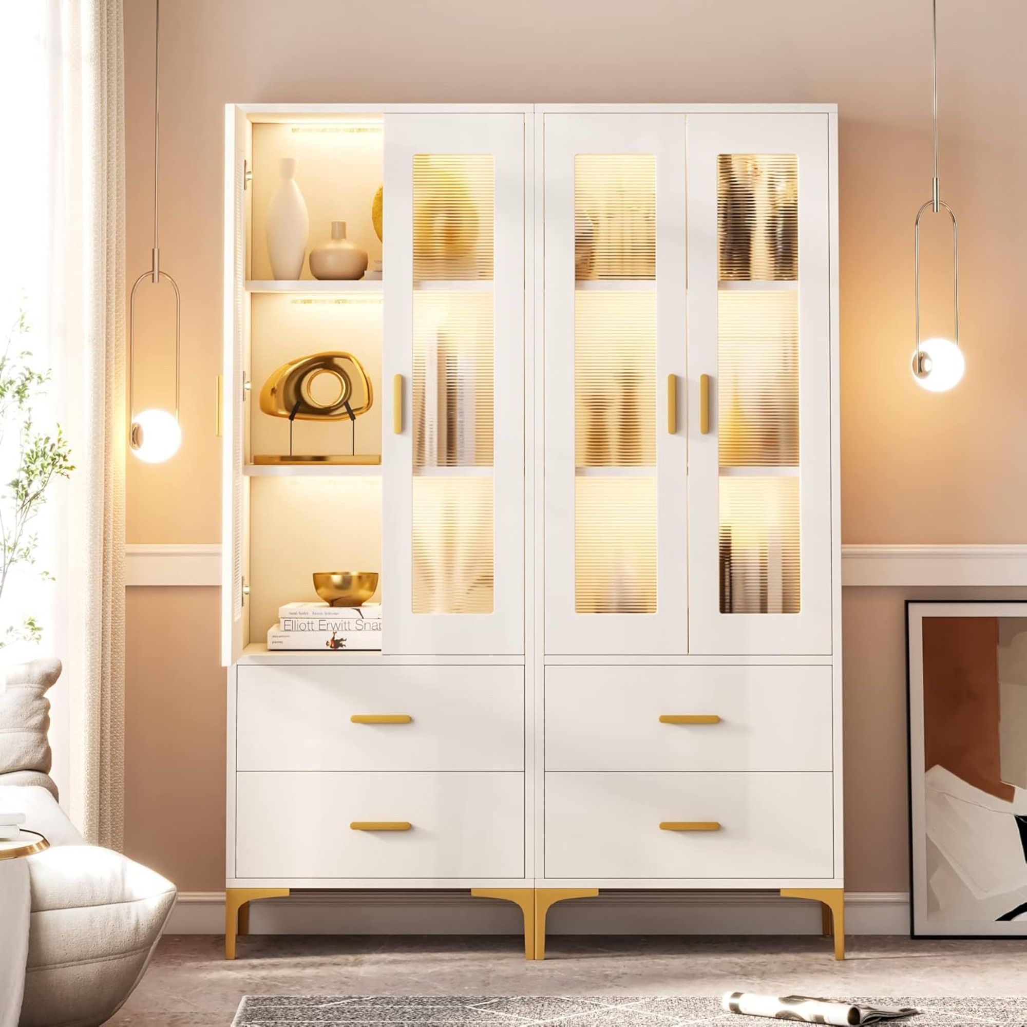 Bookcase With Doors, Drawers & RGB LED Light Tall Storage Cabinet For Living Room - White