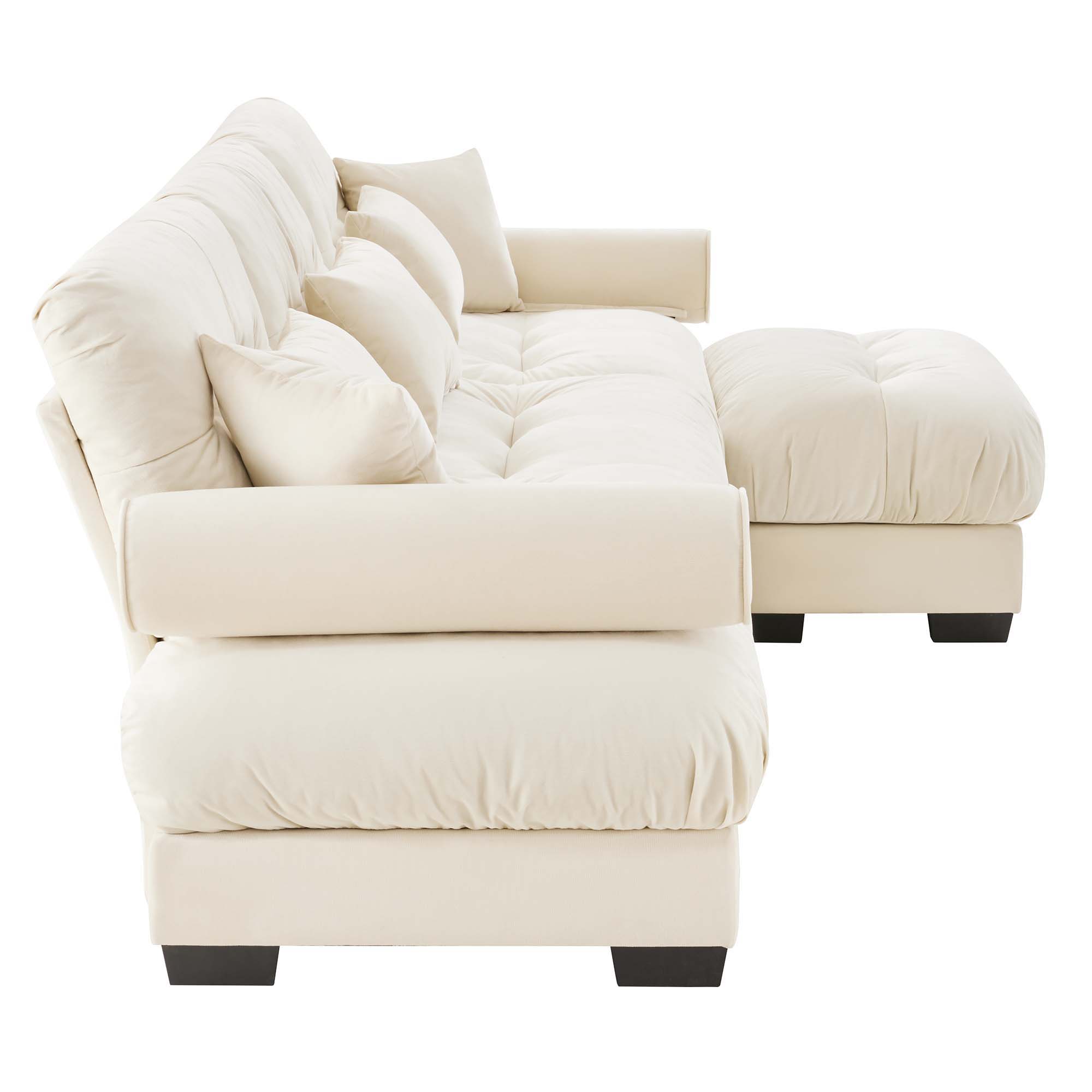 Modern Sectional Sofa With Ottoman, Round Bolster Armrests, Waist And Throw Pillows