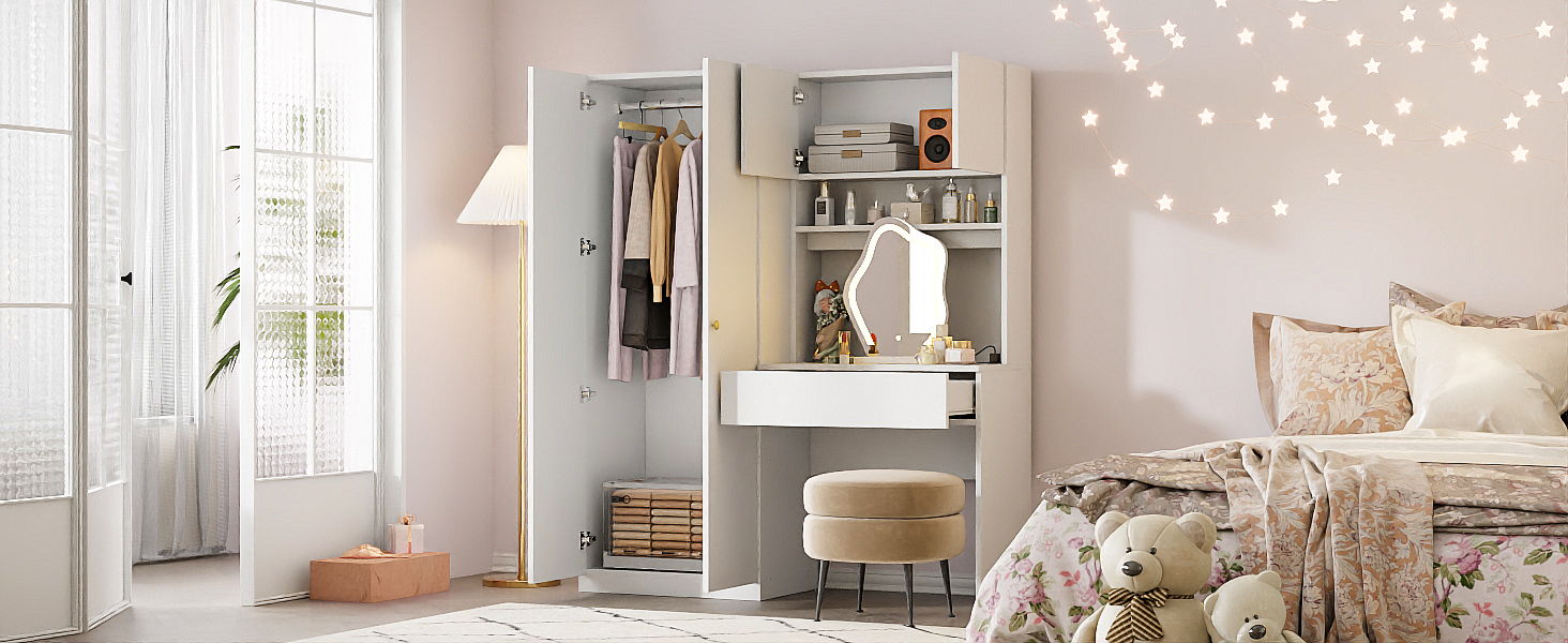 2 Door Storage Vanity Wardrobe For Bedroom With Makeup Mirror And Drawers - White