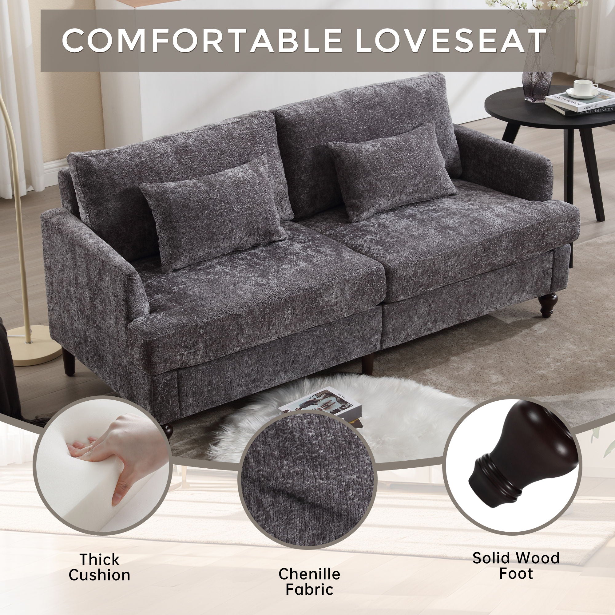 Mid Century Modern Chenille Fabric Loveseat Sofa, 2 Seat Upholstered Couch