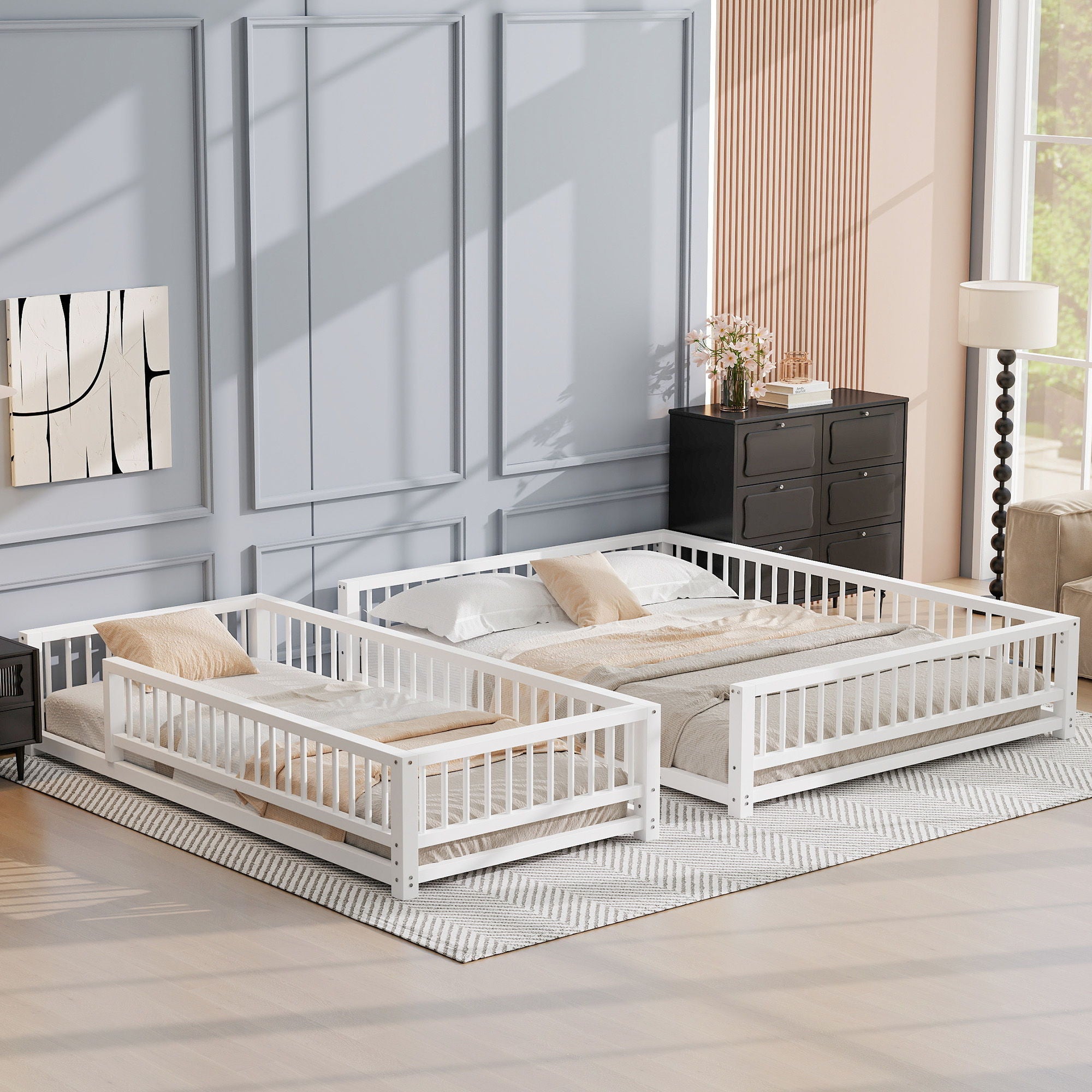 Bunk Bed Frame With Ladder And Safety Guardrails