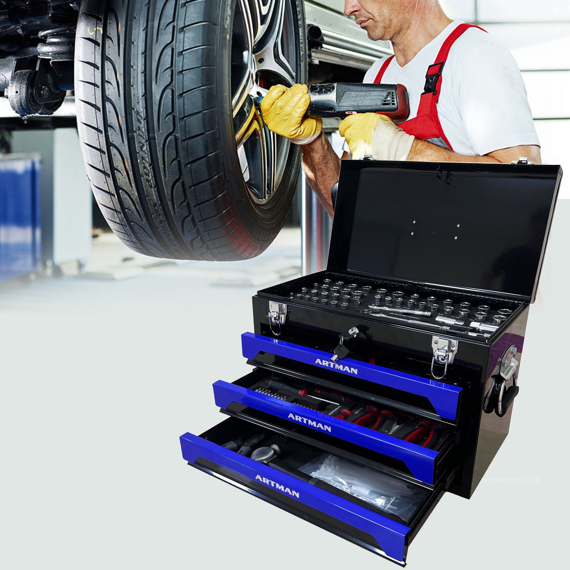 Portable 3 Drawer Steel Toolbox, 4 Layers Of Tools With Metal Latches, With Storage Tray And Carrying Handle