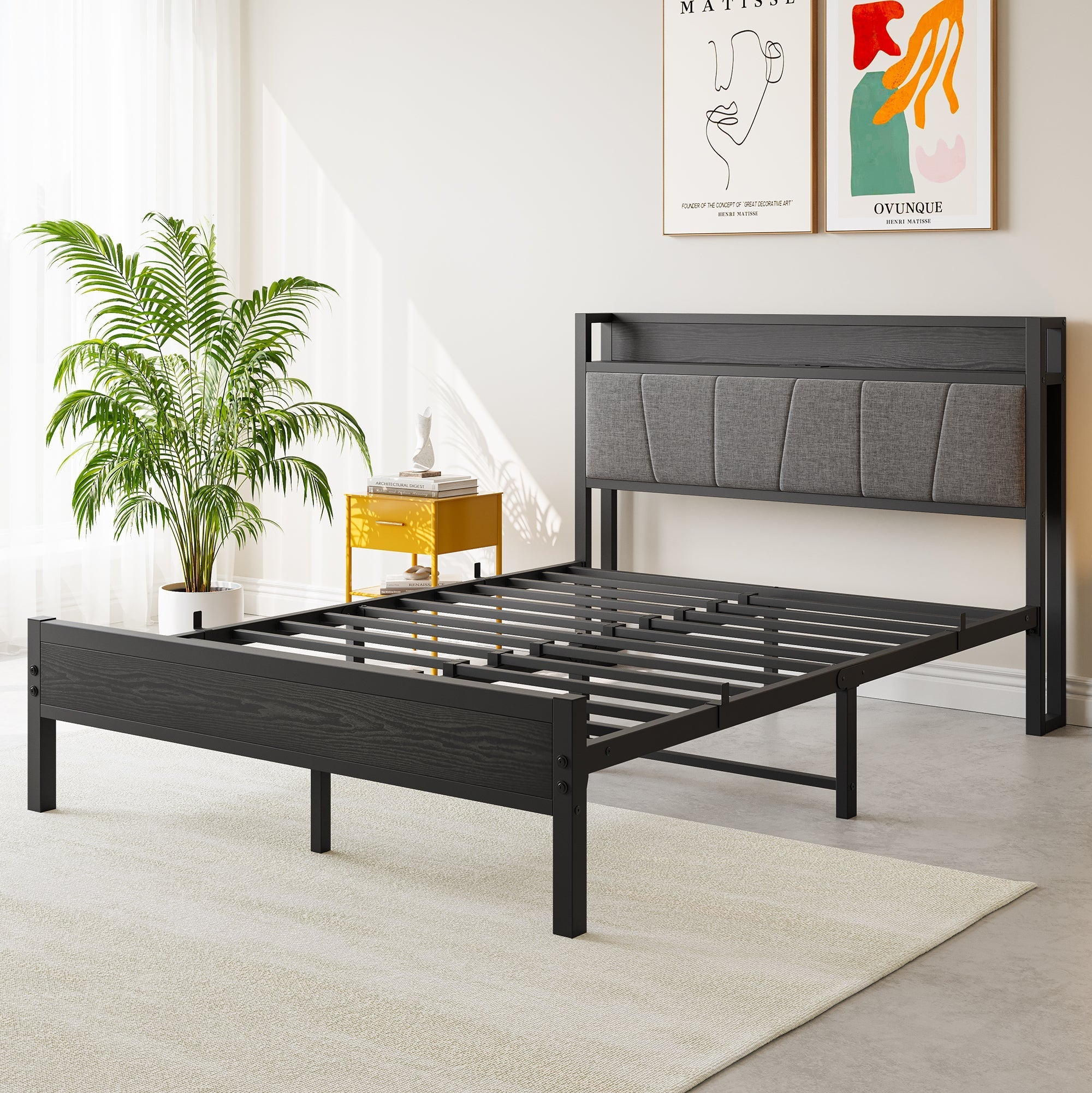 Full Size Bed Frame Storage Headboard with Charging Station