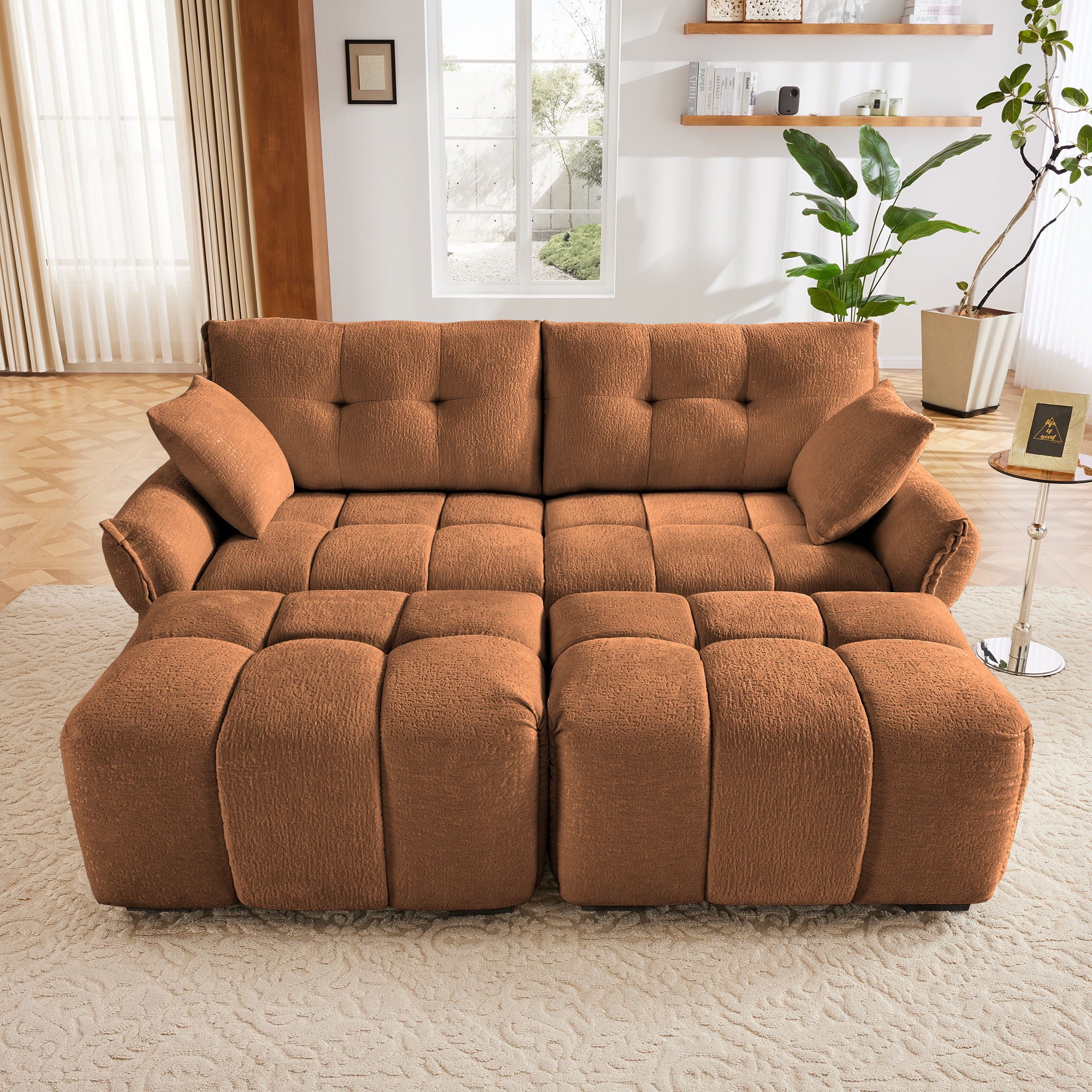 Sofa Set With Ottoman And Pillows, Textured, High Resilience Cushions