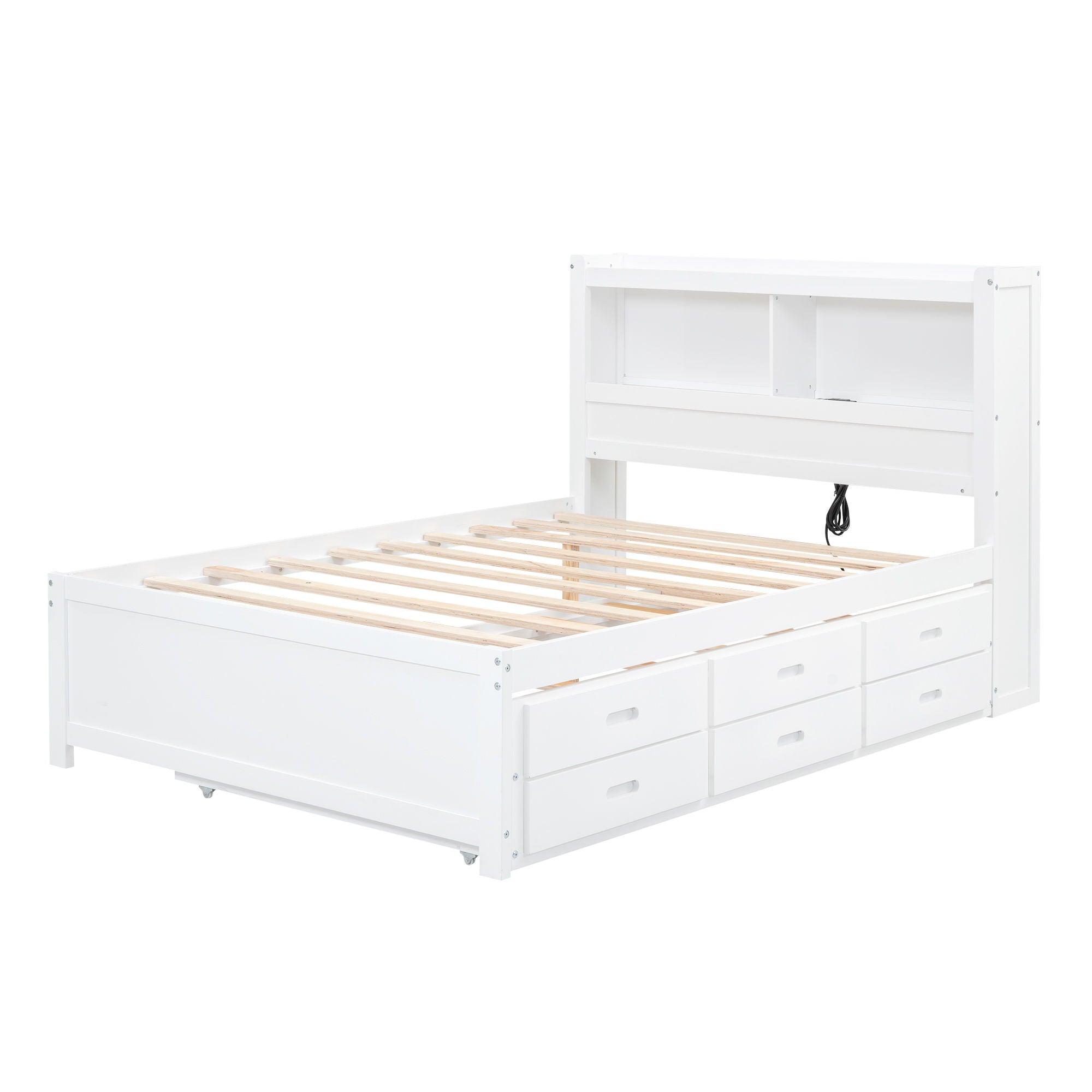 Full Size Platform Bed With Trundle, Drawers, USB Ports And Built In Shelves - White