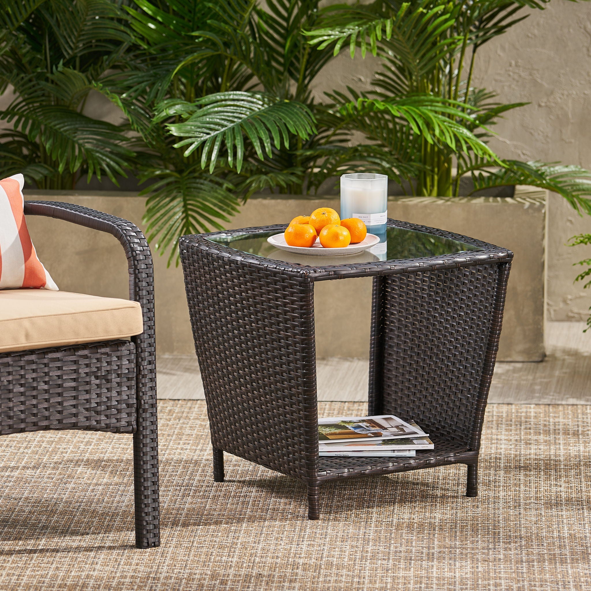 Trenton - Outdoor Side Table With Glass Top - Brown Rattan - Best Buy Furniture