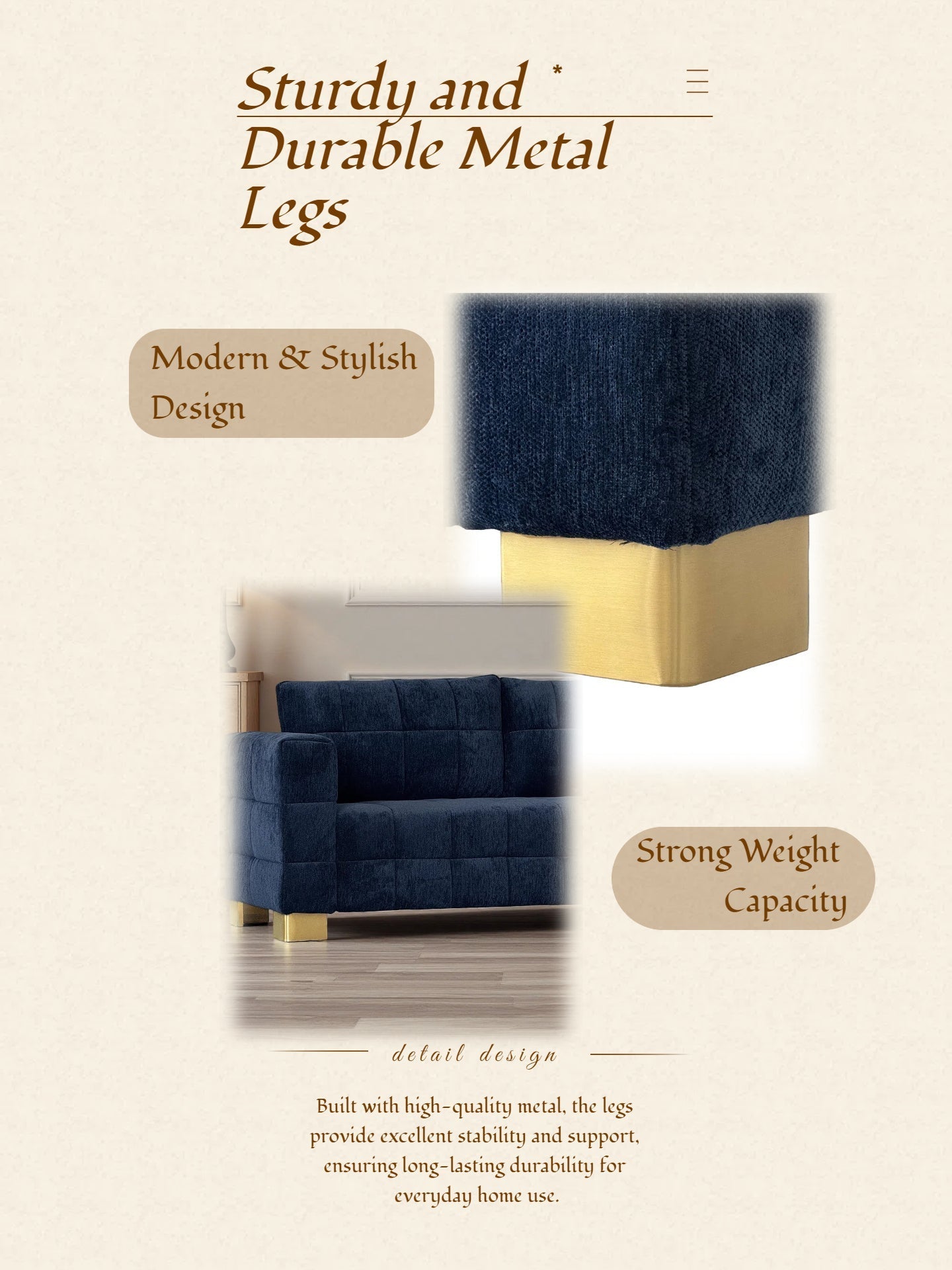 Retro Blue Chenille Upholstered 3-Seater Couch with Stainless-Steel Legs