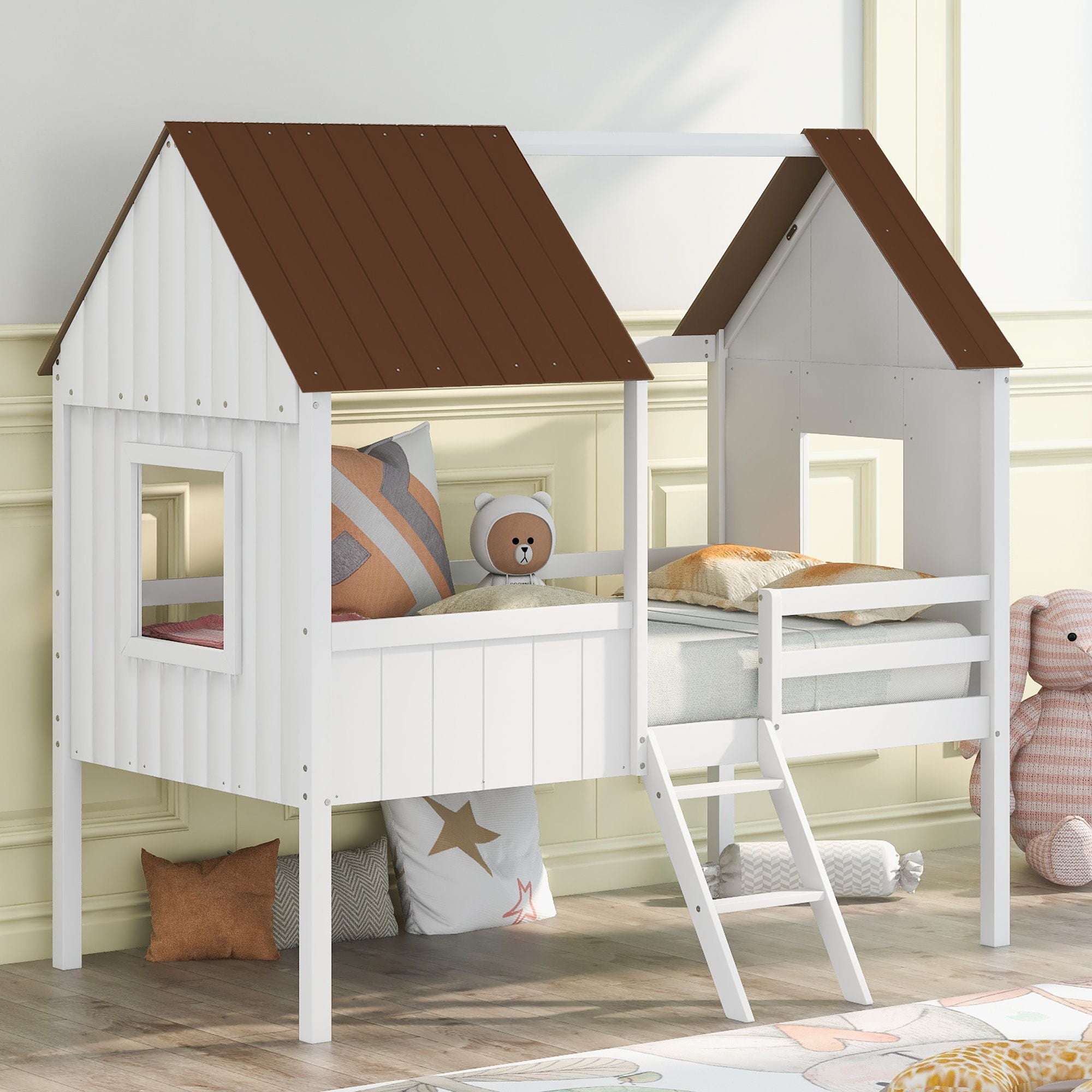 Low Loft Wooden House Bed With Two Side Windows