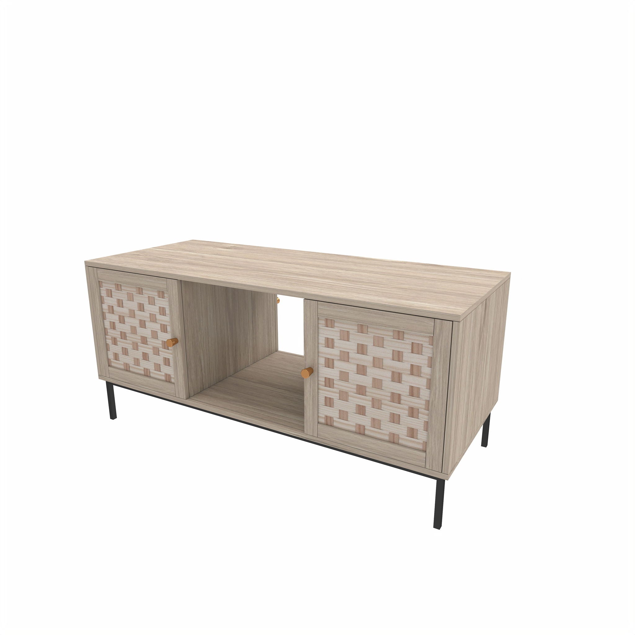 Elegant Veener Weaving Design Coffee Table With 4 Sliding Doors - Natural Wood
