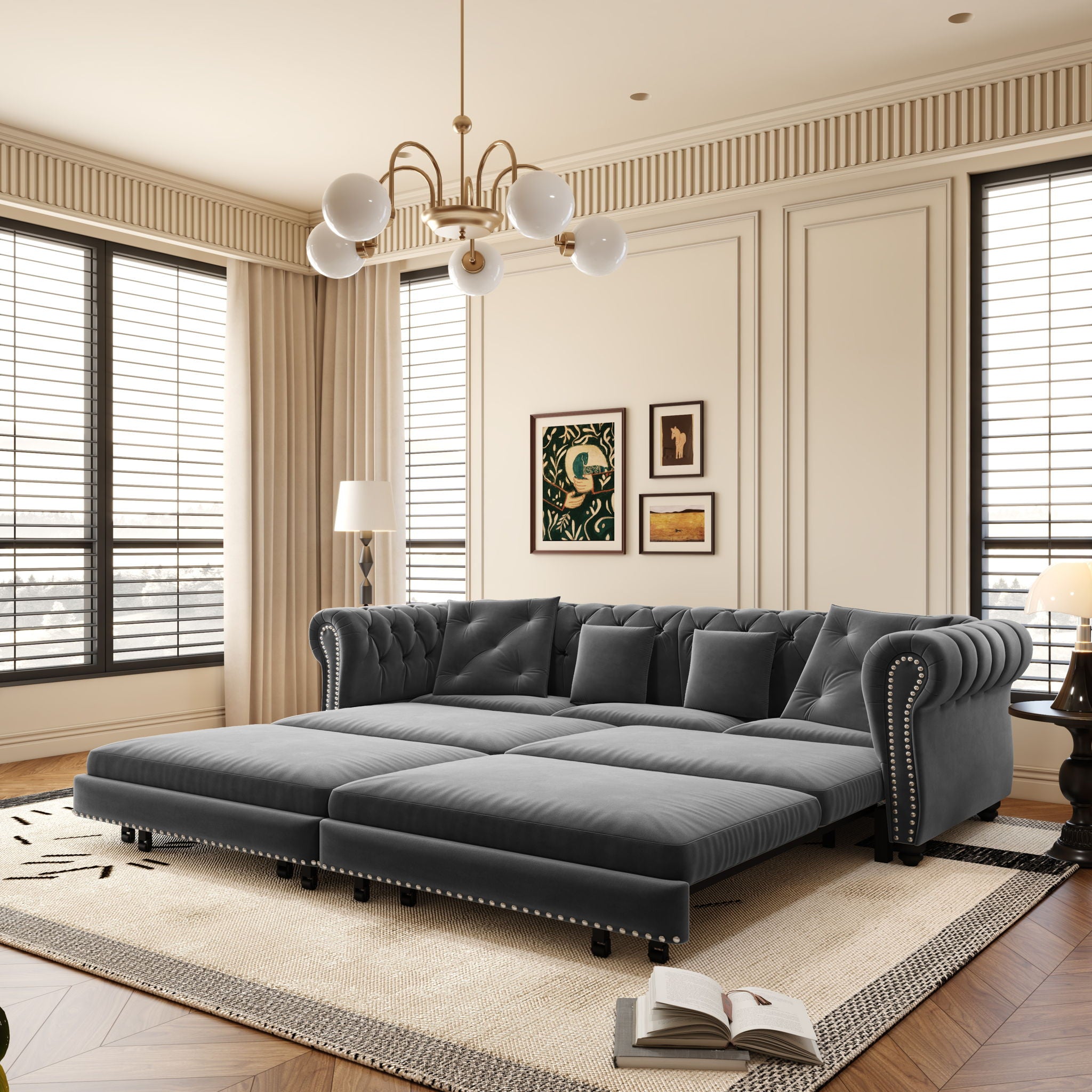 3 In 1 Pull Out Sofa Bed, Convertible Sleeper Sofa Bed, 3 Seater Sofa With Movable Ottoman - Gray