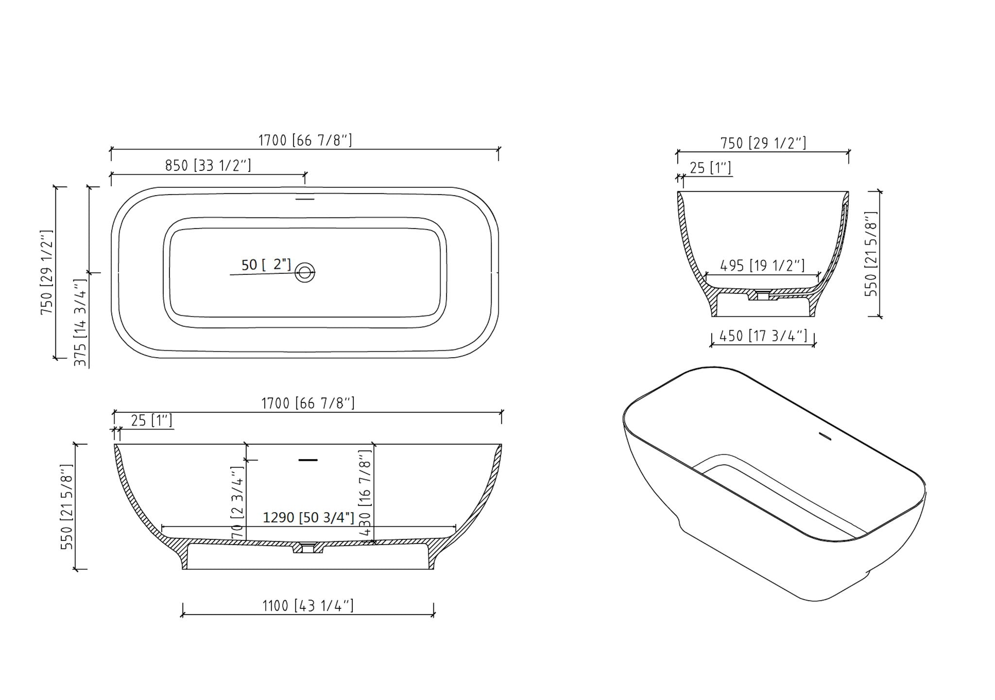 Freestanding Luxury Soaking Bathtub With Overflow And Pop-Up Drain