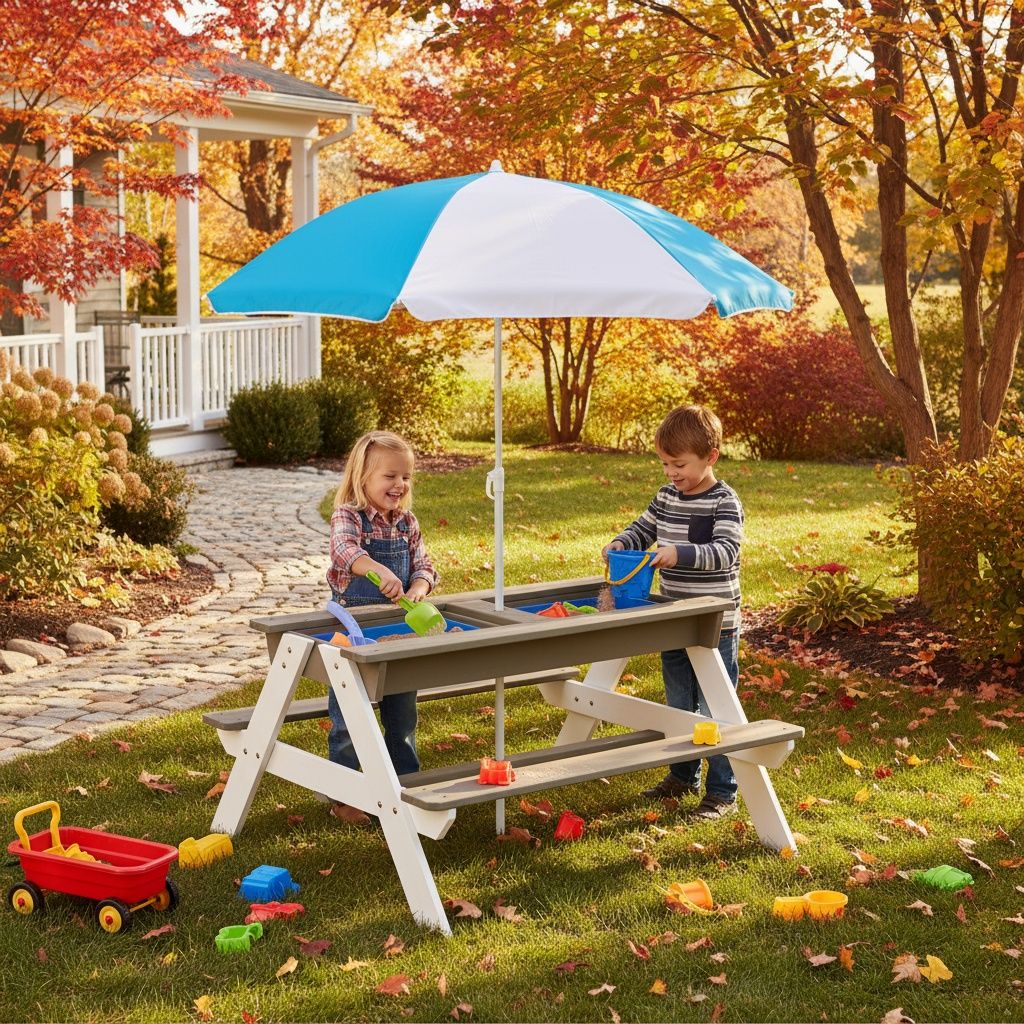 Wooden Kids Picnic Table, Sand And Water Table With Umbrella, Activity Table For Outdoor Backyard Patio Play - White / Gray