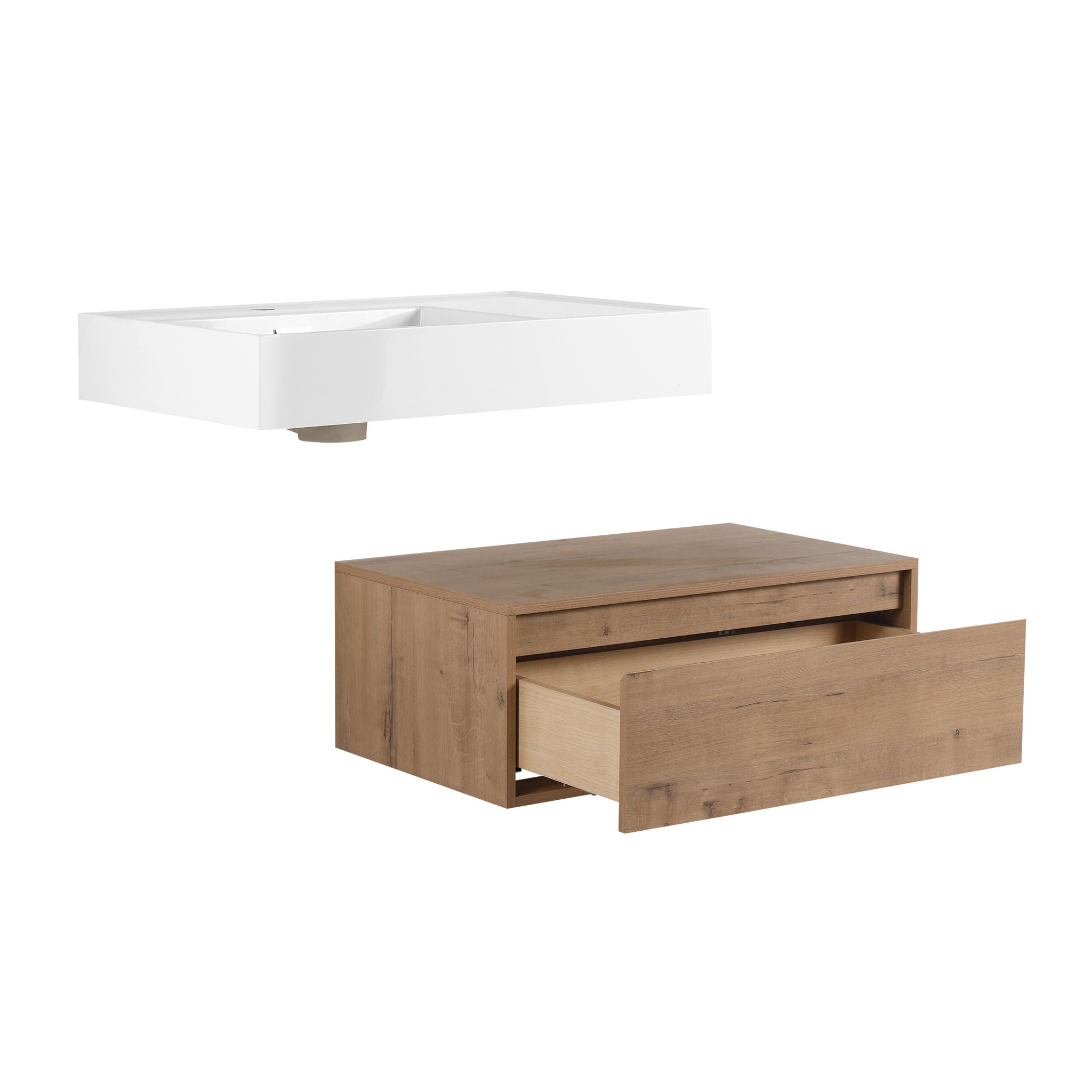 Modern Wall Mounted Bathroom Vanity With Resin Sink And Side Cabinet, Soft Close Drawer, Imitative - Imitative Oak