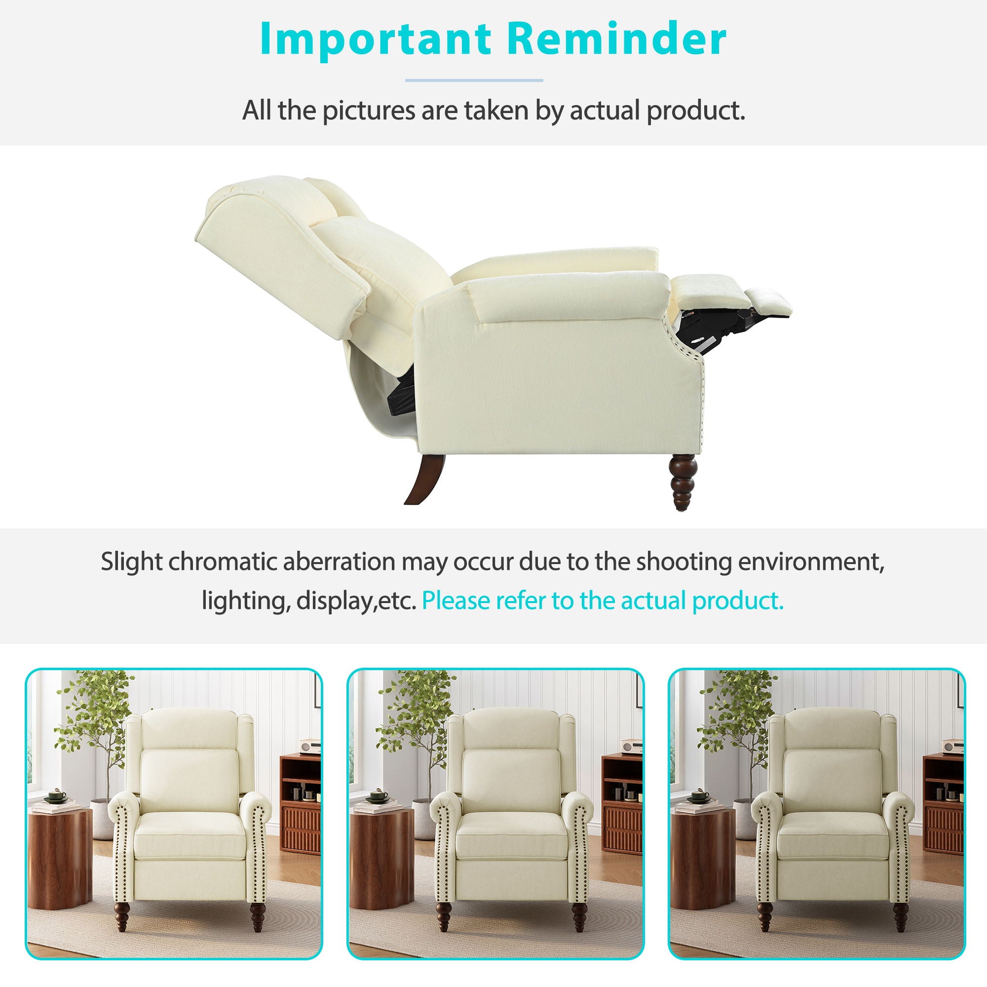 Push Back Recliner Chair Upholstered Recliner Armchair With Classic Wing Back And Solid Gourd-Shaped Legs