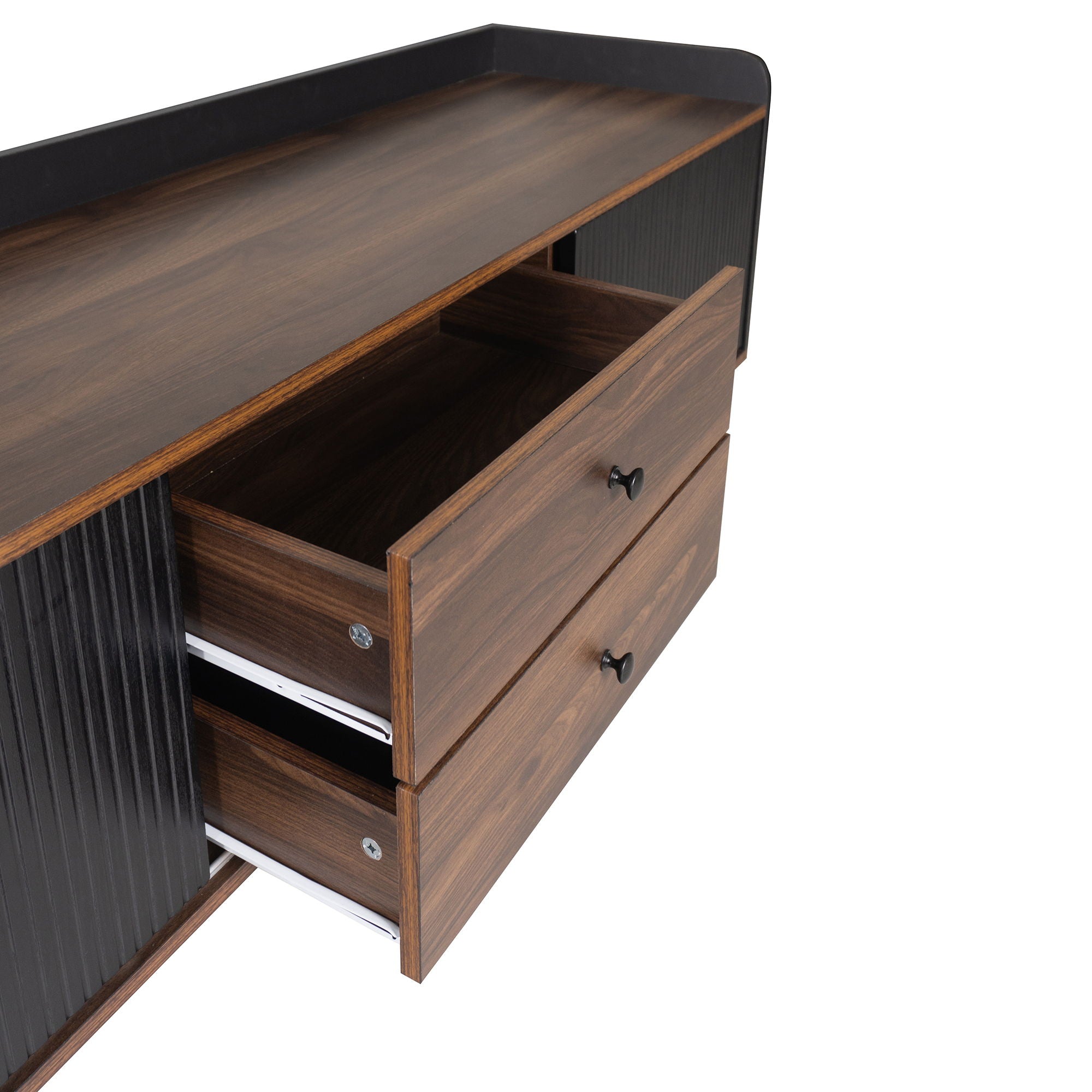 Mid Century TV Stand With 2 Cabinets & Open Compartments, Entertainment Center For Tvs Up To 70'', Television Console For Living Room - Dark Coffee / Black