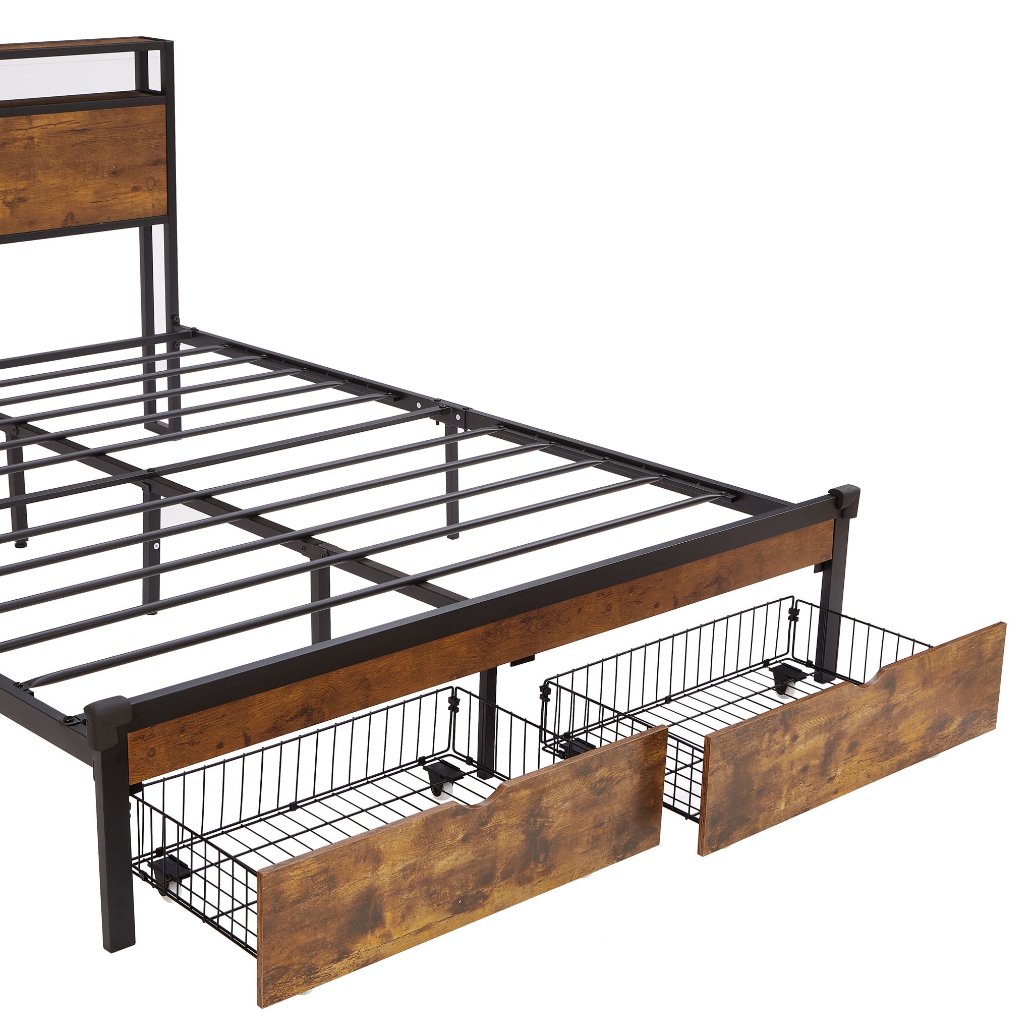 Modern Metal Platform Bed Frame With Wooden Headboard, USB Charging, LED Lights, And Storage