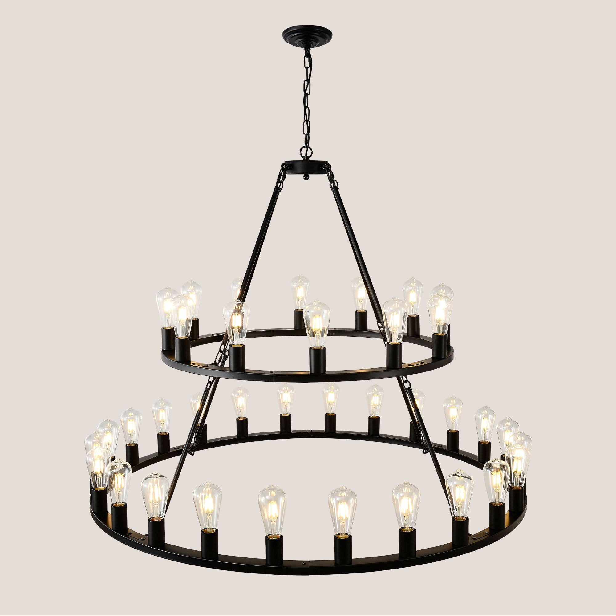 Extra Large Wagon Wheel Chandelier, 2 Tier 36 Lights (No Include) Farmhouse Industrial Round High Ceiling Pendant Light Adjustable Chain, For Dining Room, Living Room, Kitchen - Black
