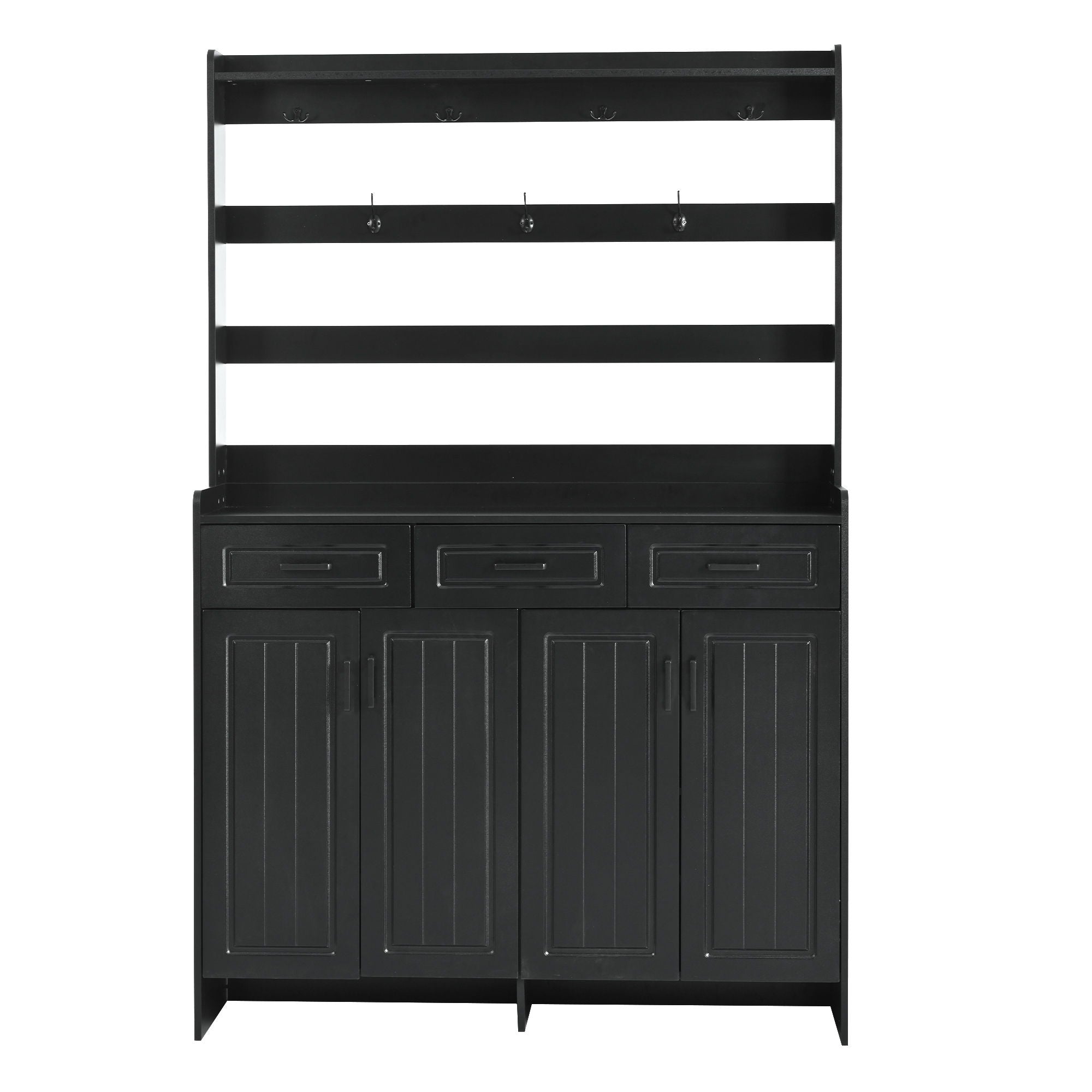 Minimalist 4 Door Shoe Cabinet With Coat Rack, 3 Drawers, 8 Shelves, Metal Hooks And Handles