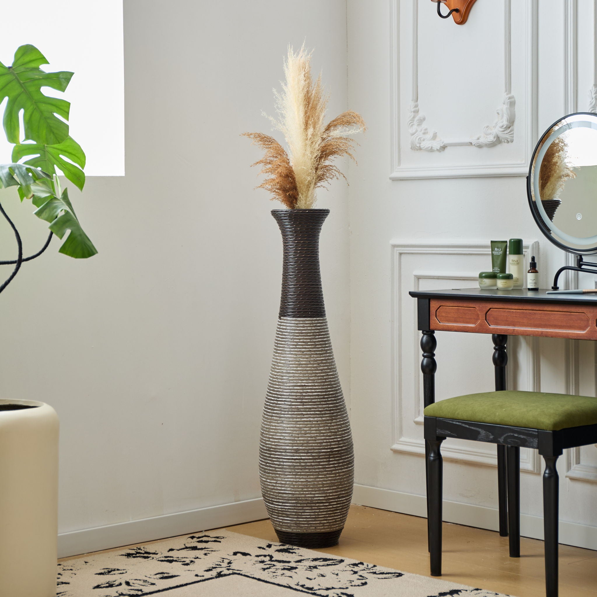 Tall Standing Designer Floor Vase Durable Artificial Rattan Elegant 2 Tone Finish Ideal Decor Accent For Living Room, Bedroom, Entryway Stylish Home Decor Statement Piece - Black / Gray - Best Buy Furniture