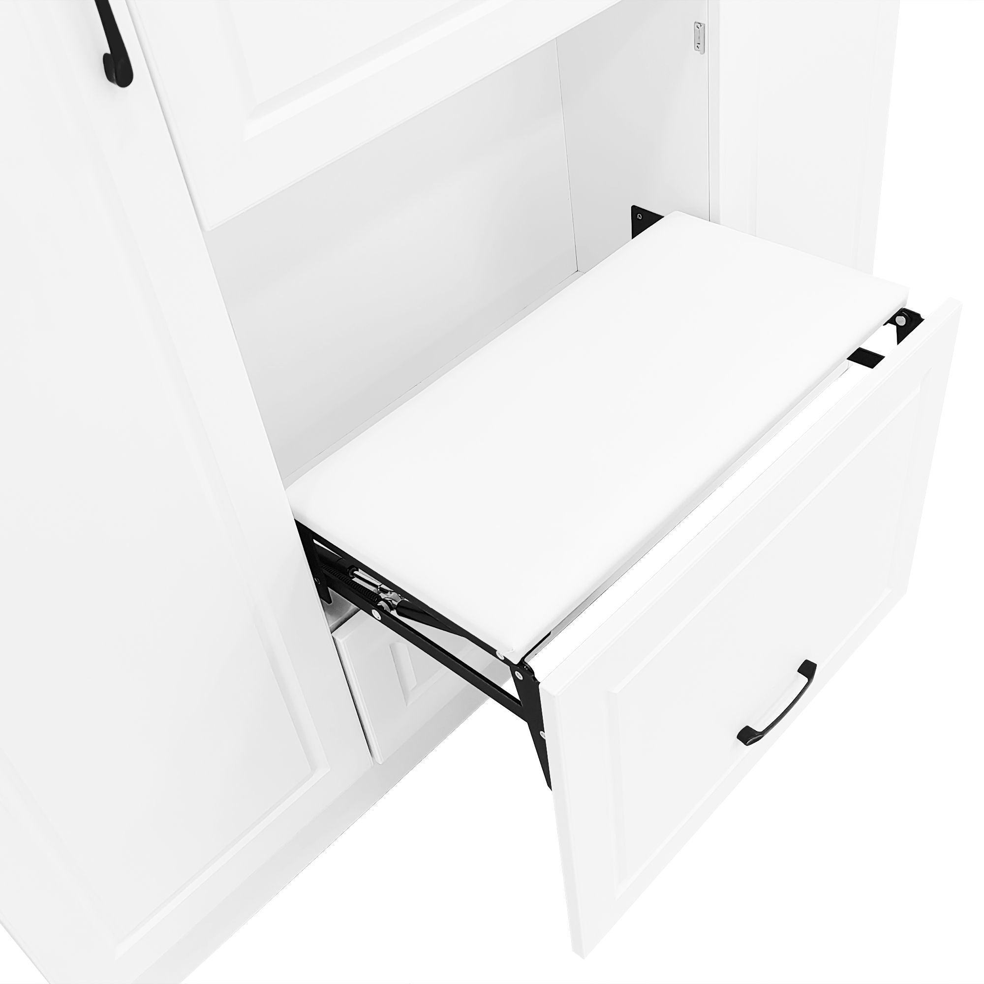 Entryway Bench With Integrated Shoe Cabinet, 3 In 1 Design And Mirrored Cabinet Door, Hall Tree With 4 Sturdy Hooks And Foldable Seat For Entrance, Living Room - White
