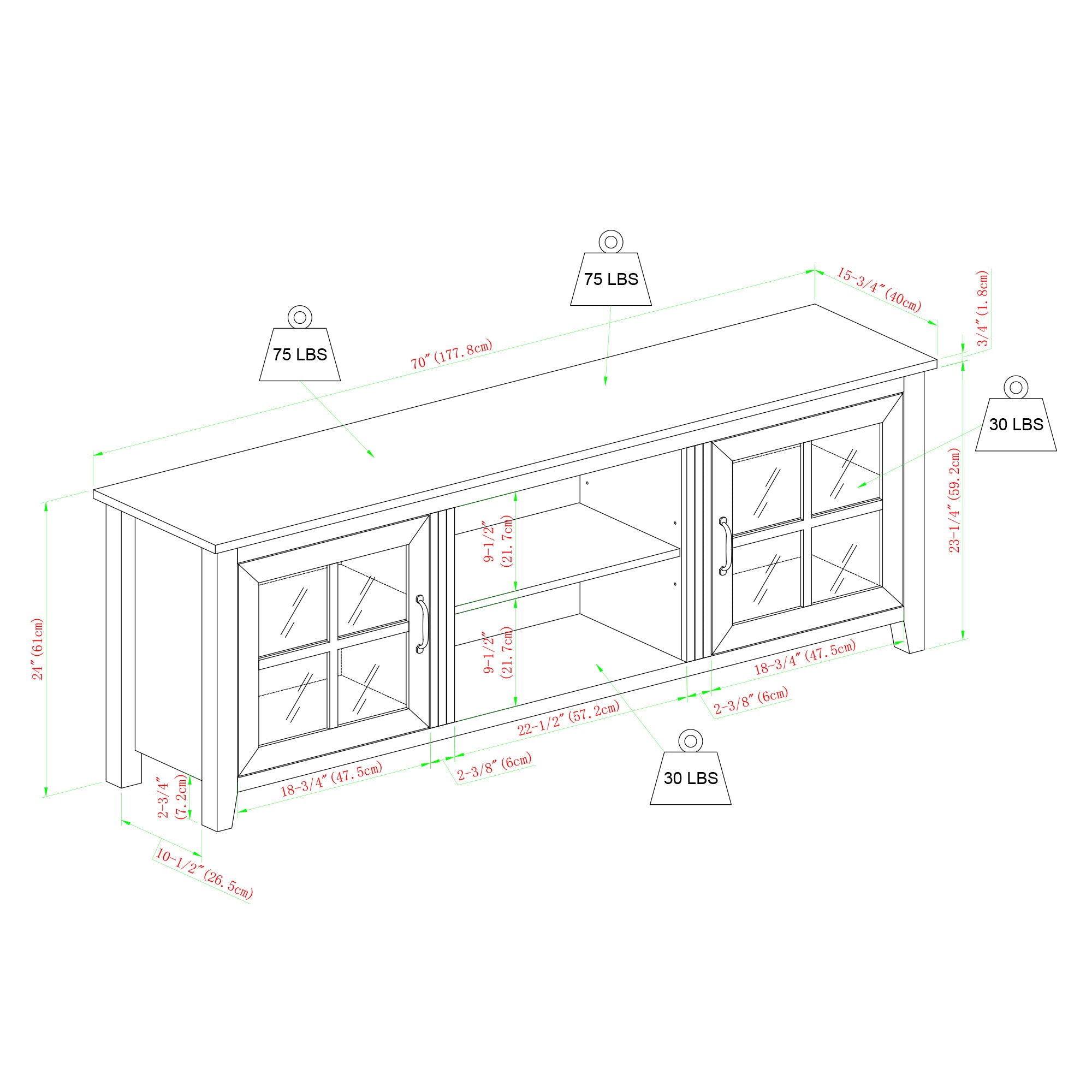 Modern Farmhouse 2 Door Glass Windowpane 70" TV Stand For 80" TVs