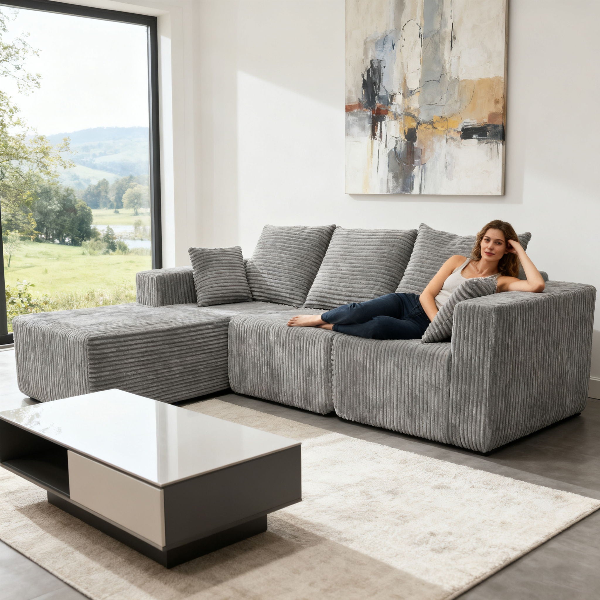 Corner Combination Sofa Sectional Couch With Soft Plush Fabric