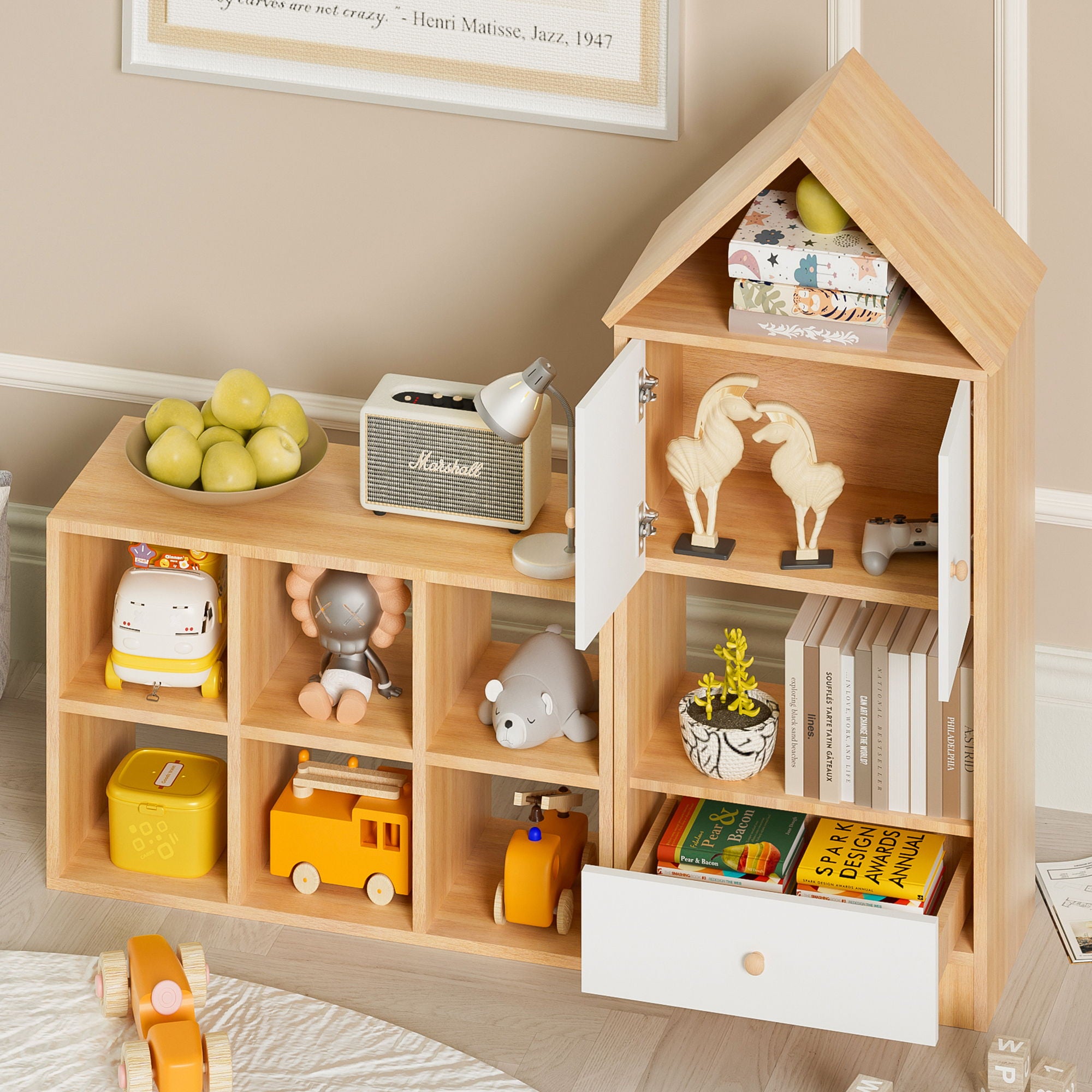 Versatile Children's Bookshelf With House Shaped Design, Multi Functional Storage