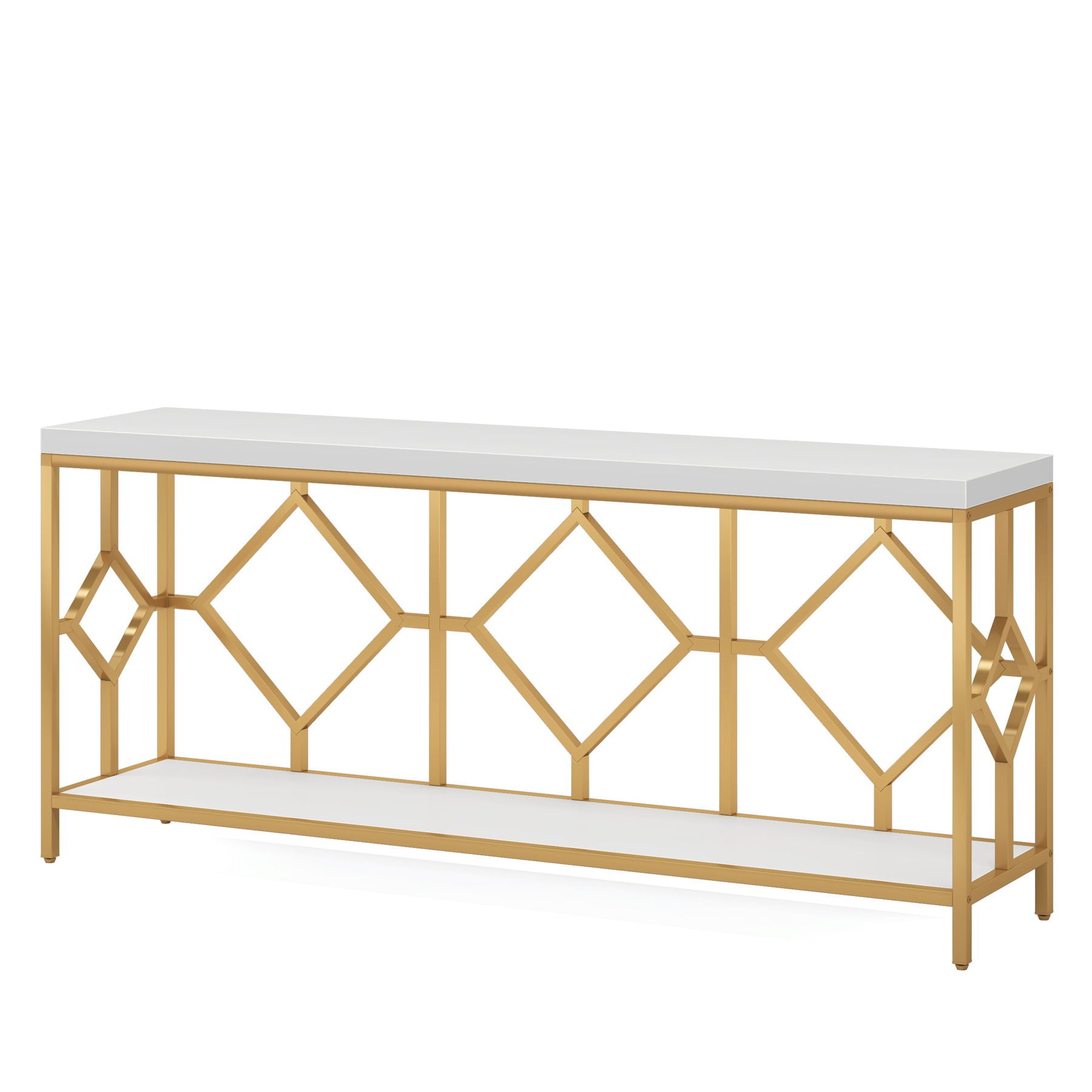 Extra Long Sofa Table With Diamond Pattern Frame, 2 Tier Open Storage For Living Room - White / Gold