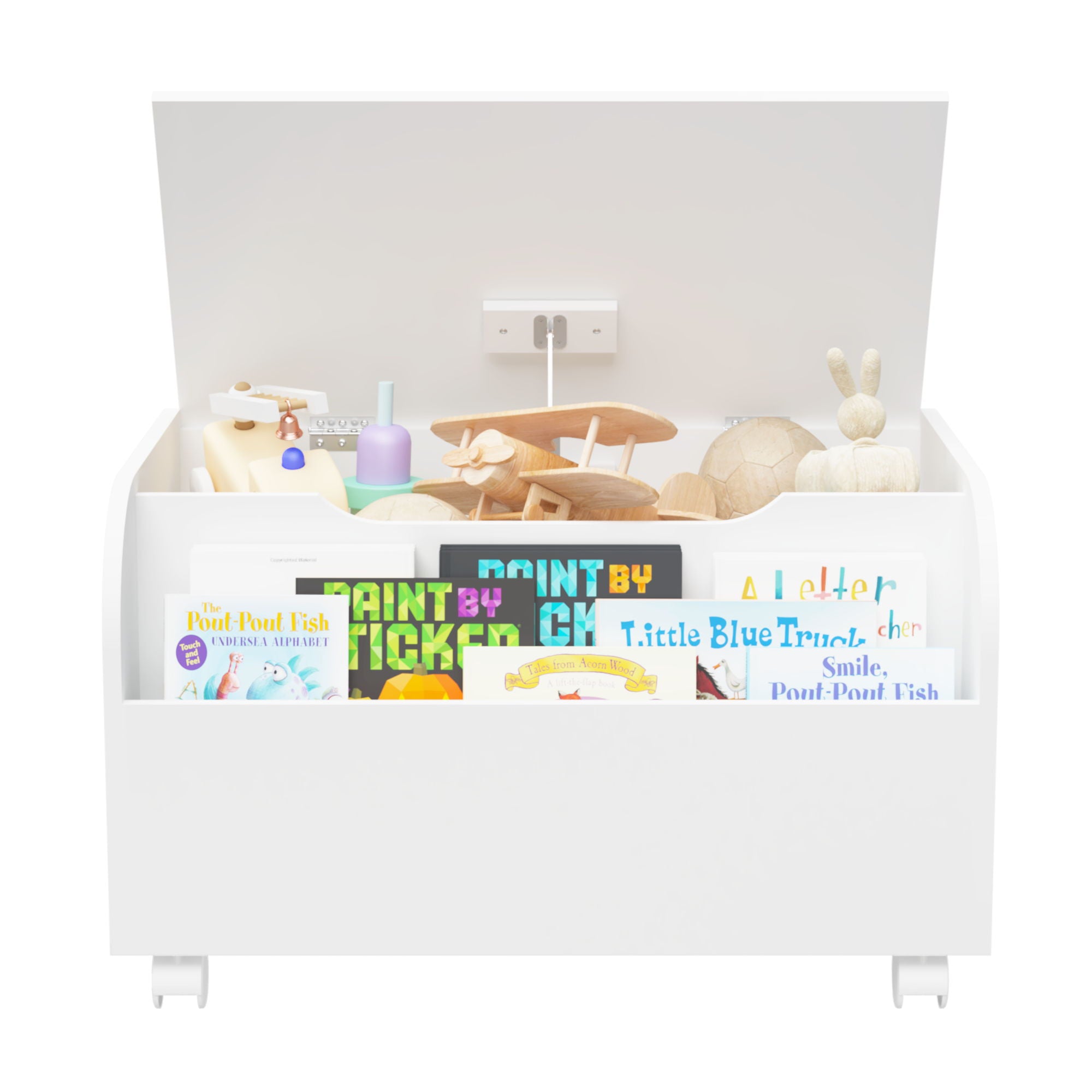 Toy Box With 4 Universal Wheels, Kids Playroom Storage Organizer With Front Bookshelf, Flip Top Lid, Safety Hinge - White