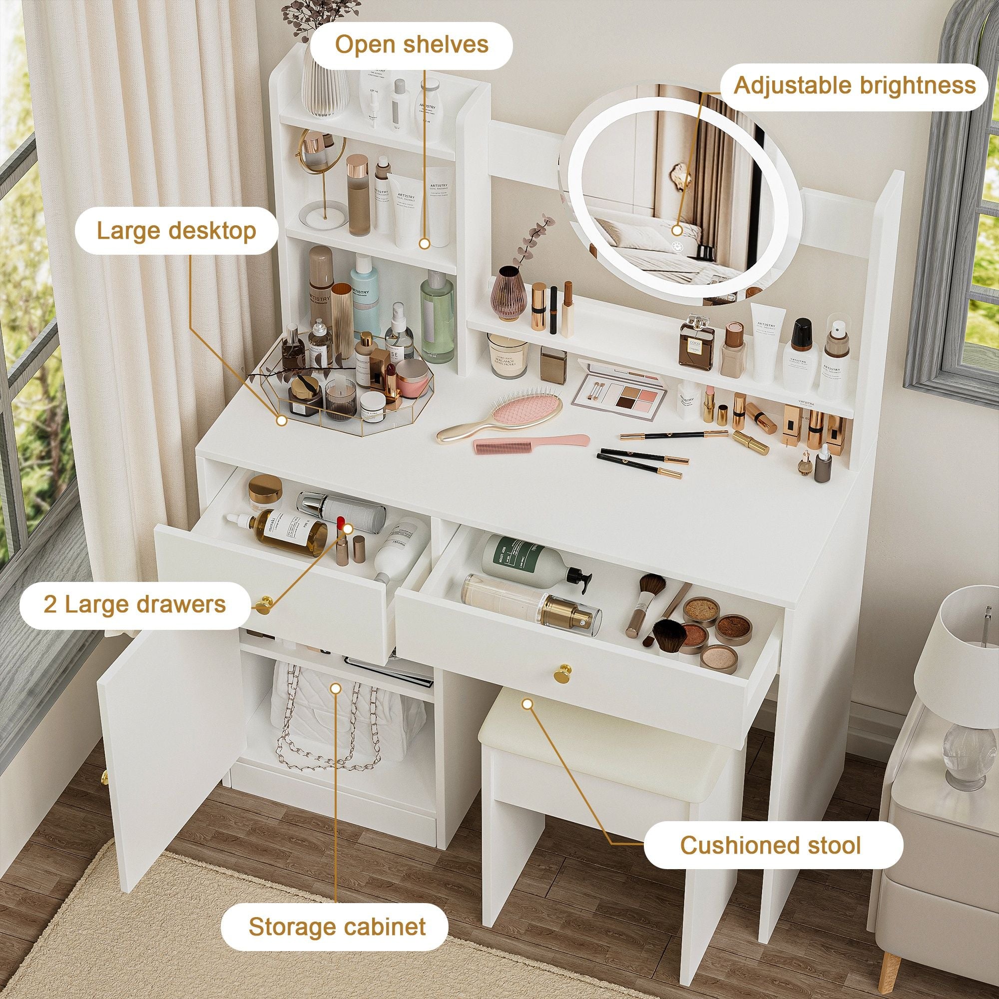 Fashion Vanity Desk With Mirror And Lights For Makeup And Cushioned Chair - White - Best Buy Furniture