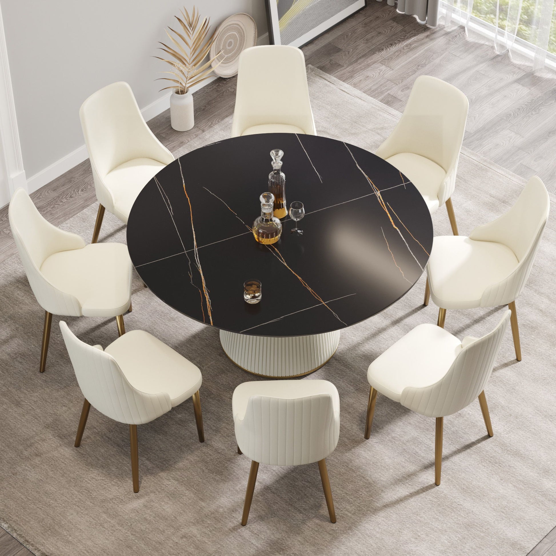 Modern Artificial Stone Round Plywood Base Dining Table, Can Accommodate 8 People, (Not Including Chairs) - Black / Beige - Best Buy Furniture