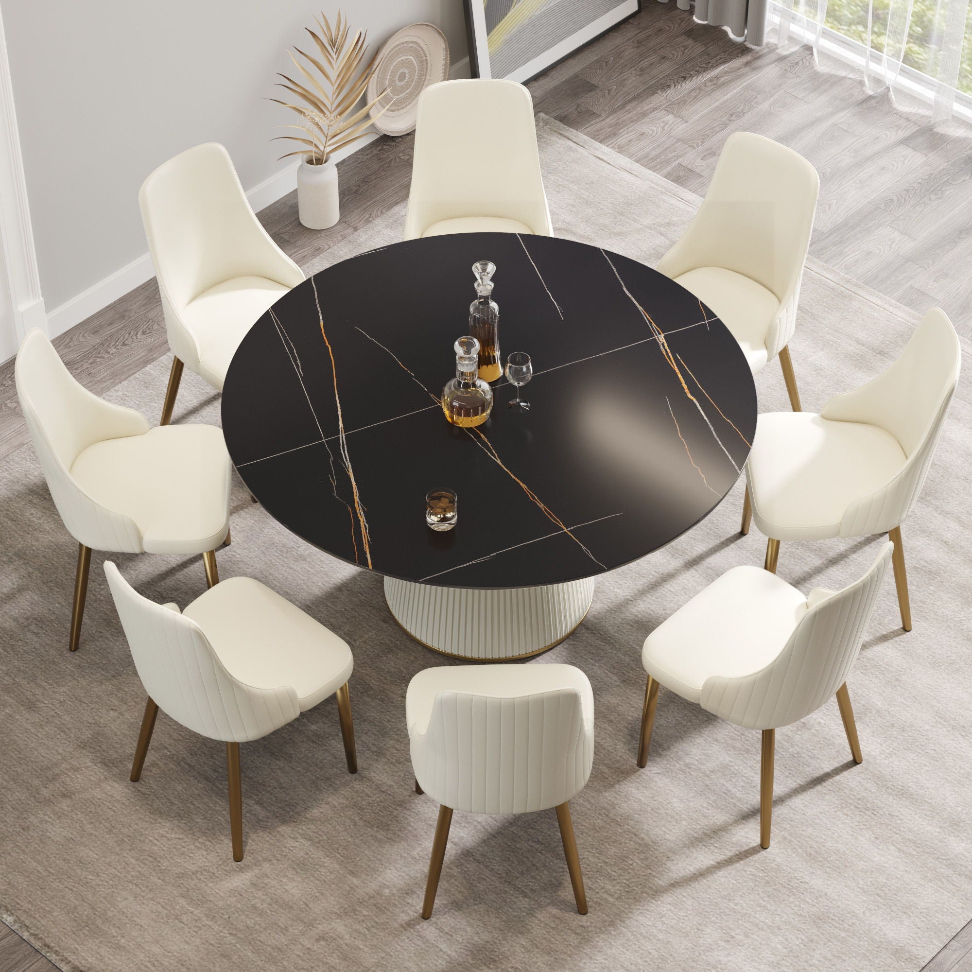 Modern Artificial Stone Round Plywood Base Dining Table, Can Accommodate 8 People, (Not Including Chairs) - Black / Beige - Best Buy Furniture