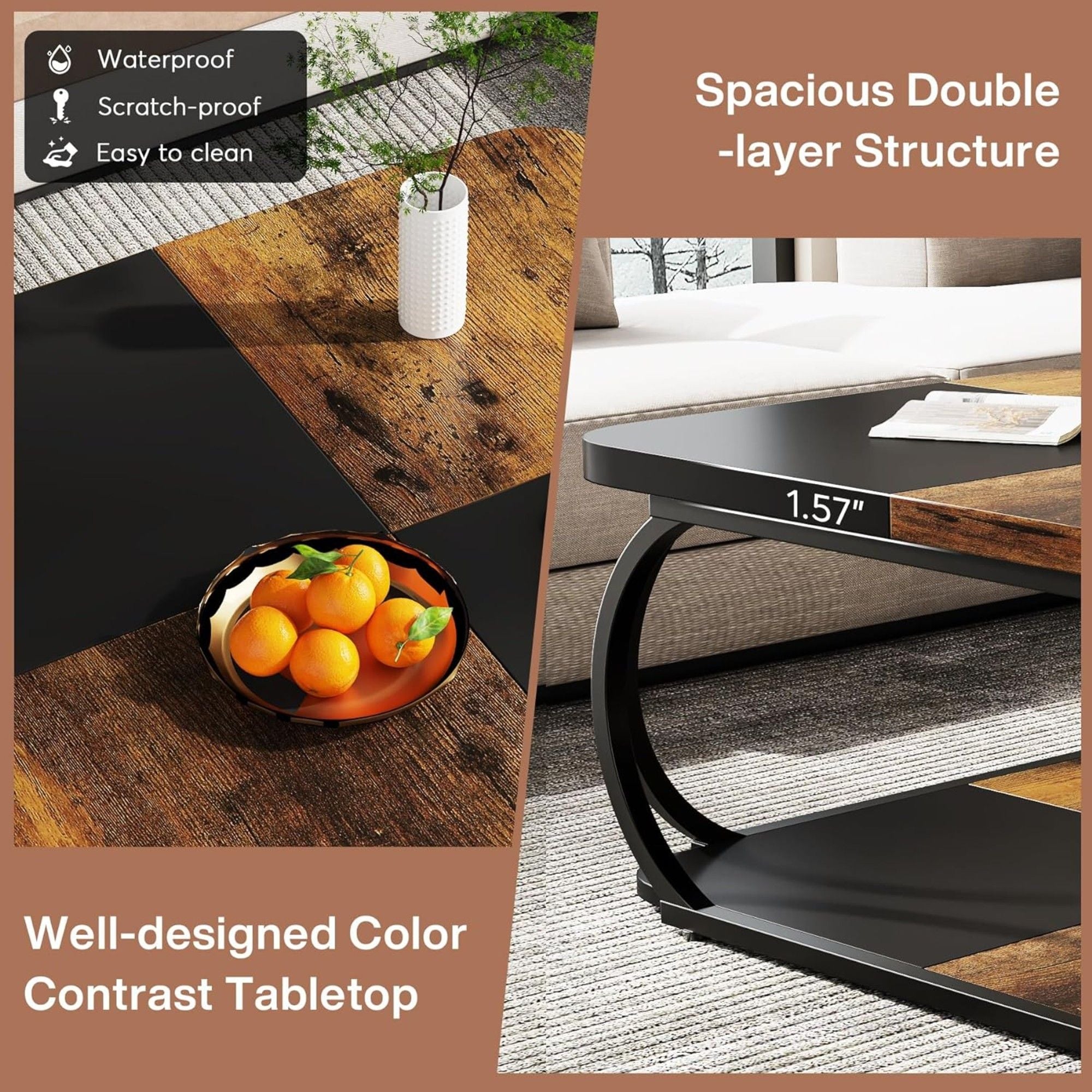 Square Coffee Table With Storage Shelf, 2 Tier For Living Room - Brown / Black