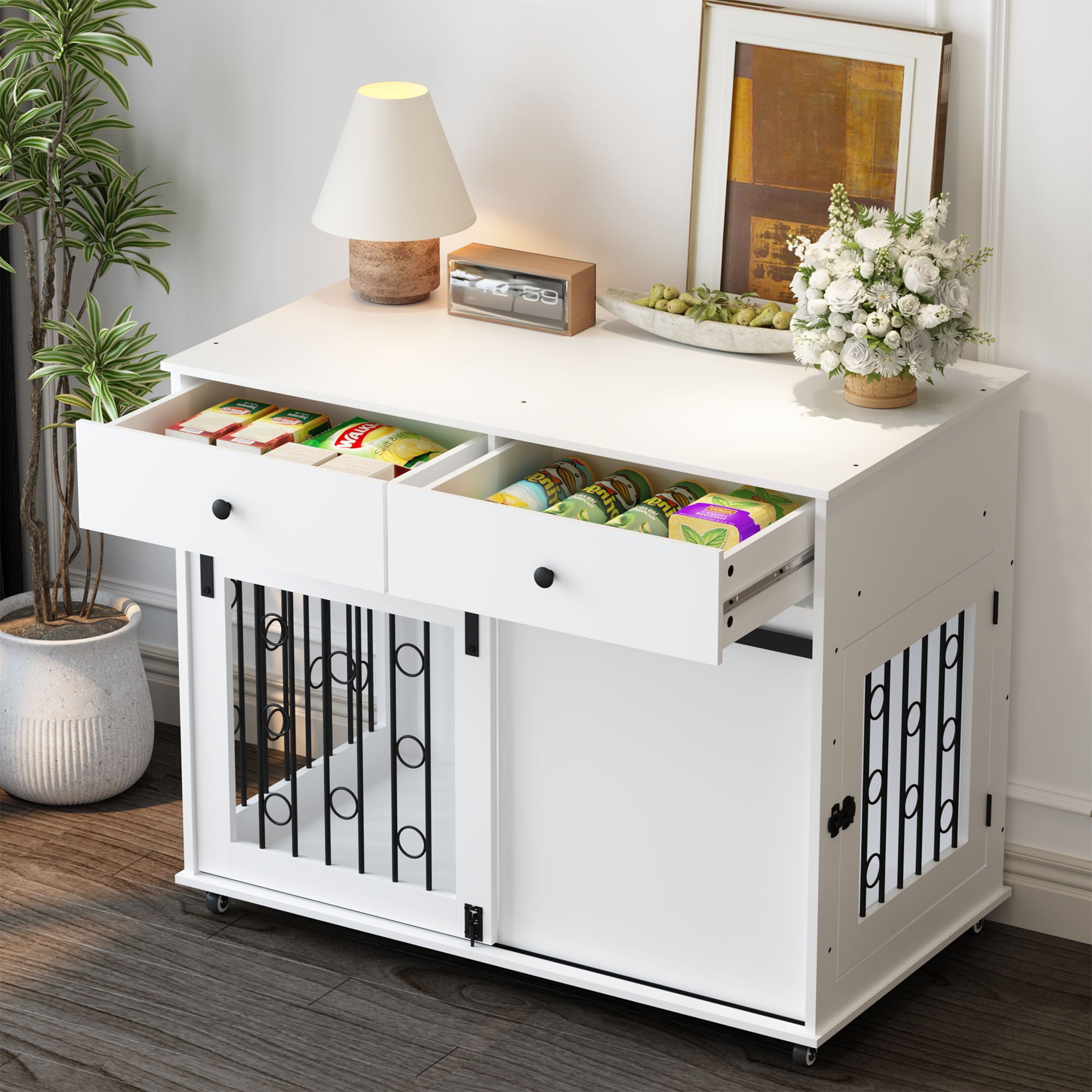 Dog Crate Furniture With Double Drawers And Sliding Barn Door, Pet Kennel For Small To Medium Dogs - White