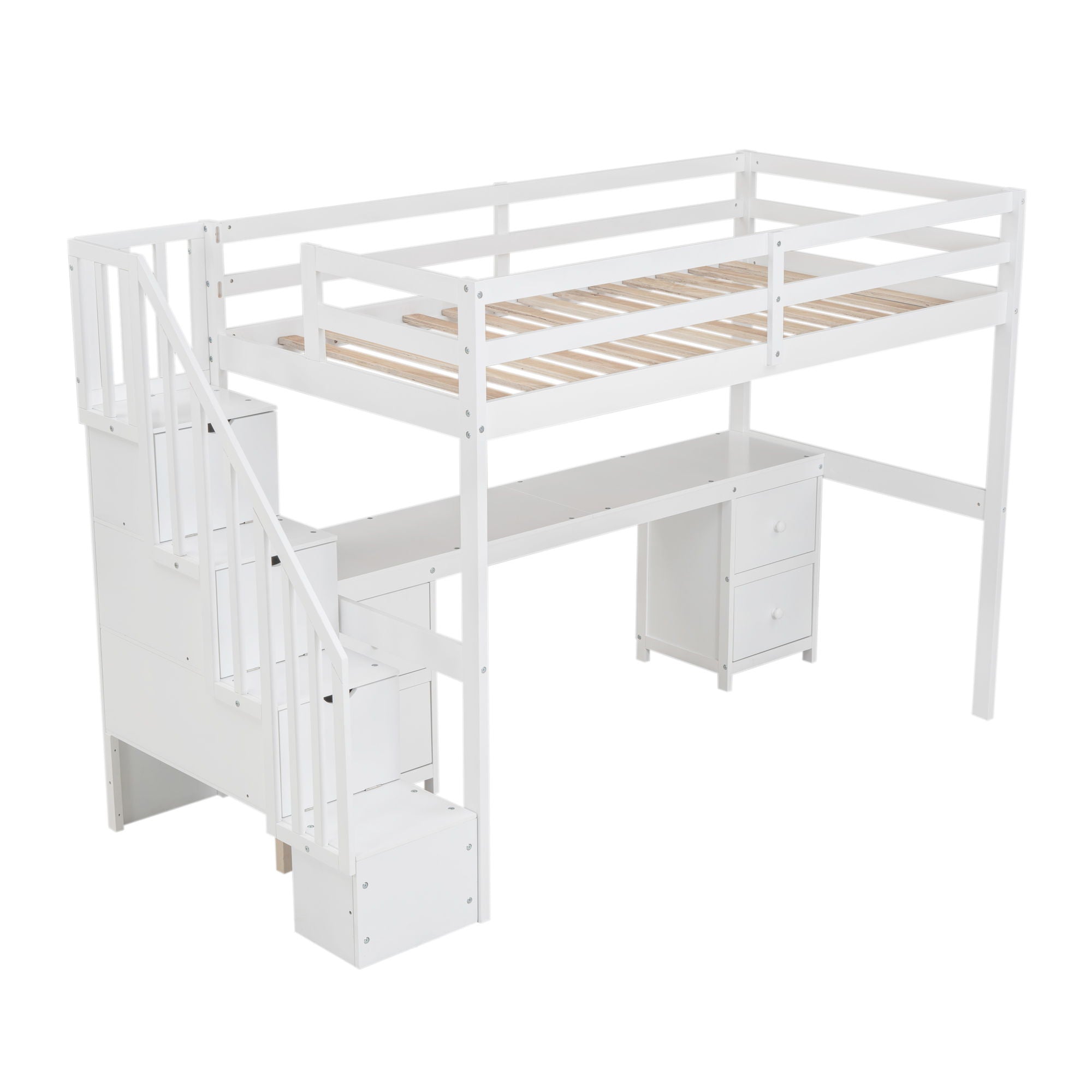 Loft Bed Frame With Built In Desk And Double Storage Drawers
