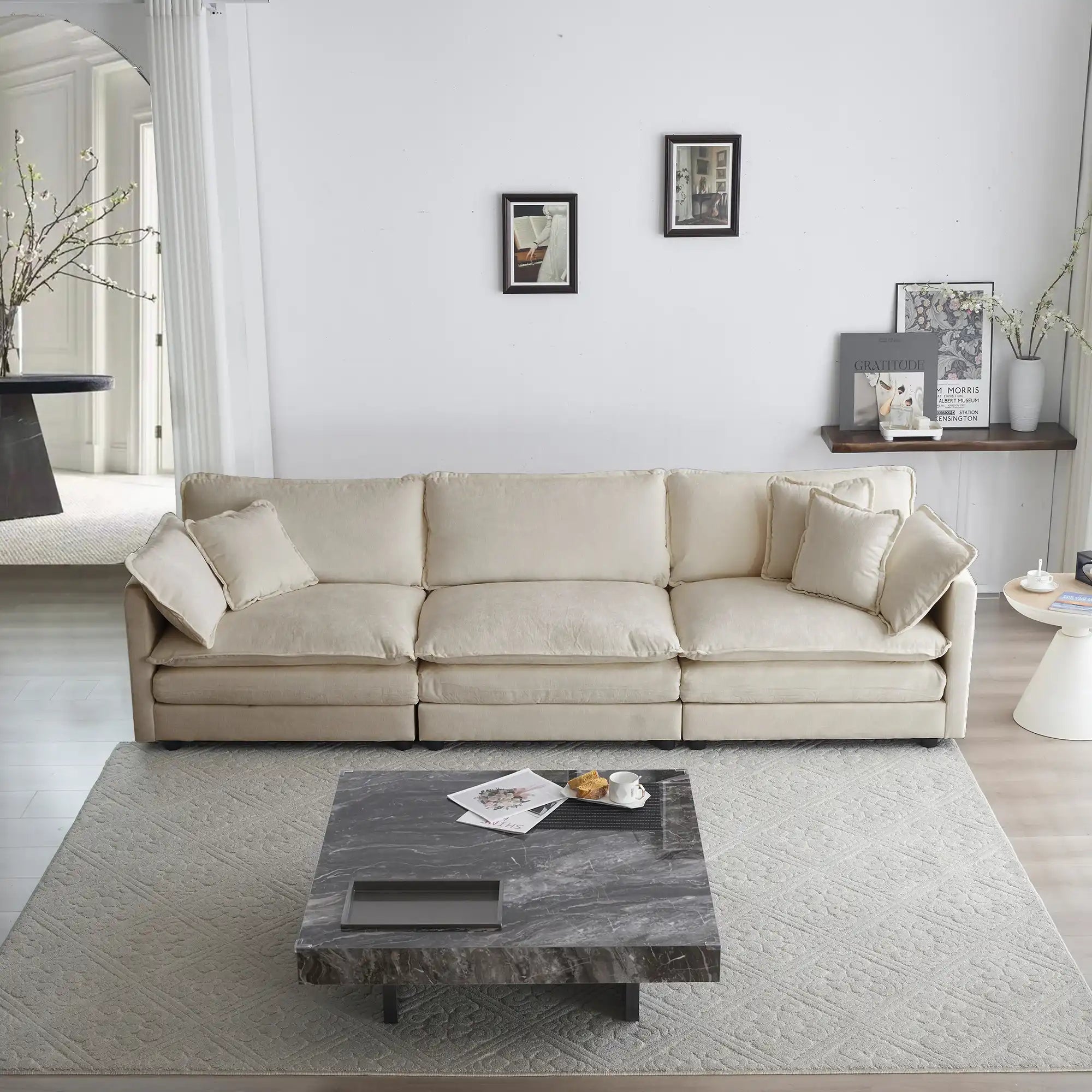 Mid-Century Modern 3-Seater Couch with Pillows, Beige Chenille