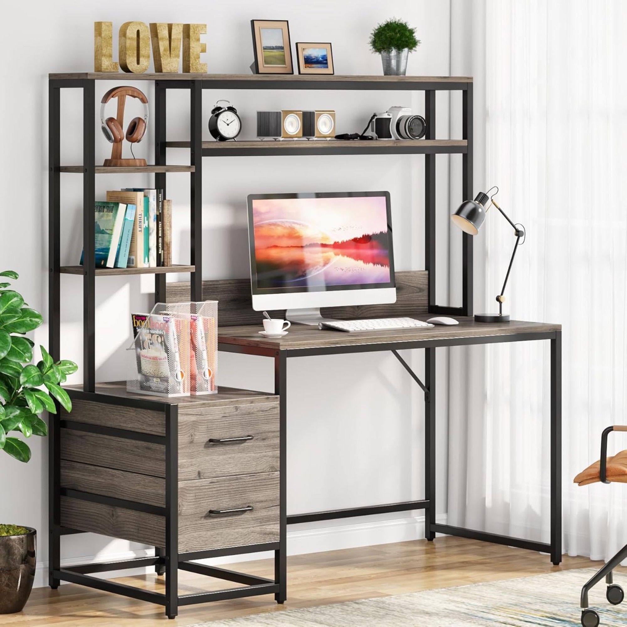 Computer Desk With Hutch, 2 Drawers & Open Shelves