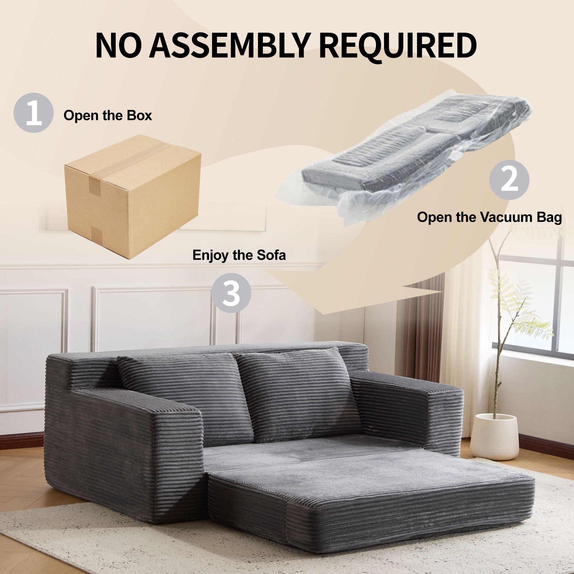 Loveseat Sofa, Comfortable Deep Seat Sofa Bed, Modern Small Corduroy Couch For Living Room Bedroom,Reversible Cushion With Pillows,No Assembly Required,Dark Gray